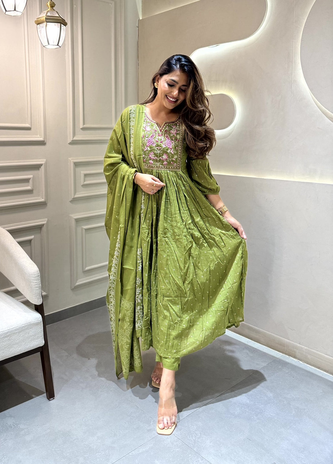 Elegant Green Cotton Embroidered Kurti Set with Dupatta | Flared Ethnic Wear (3-Piece Set)