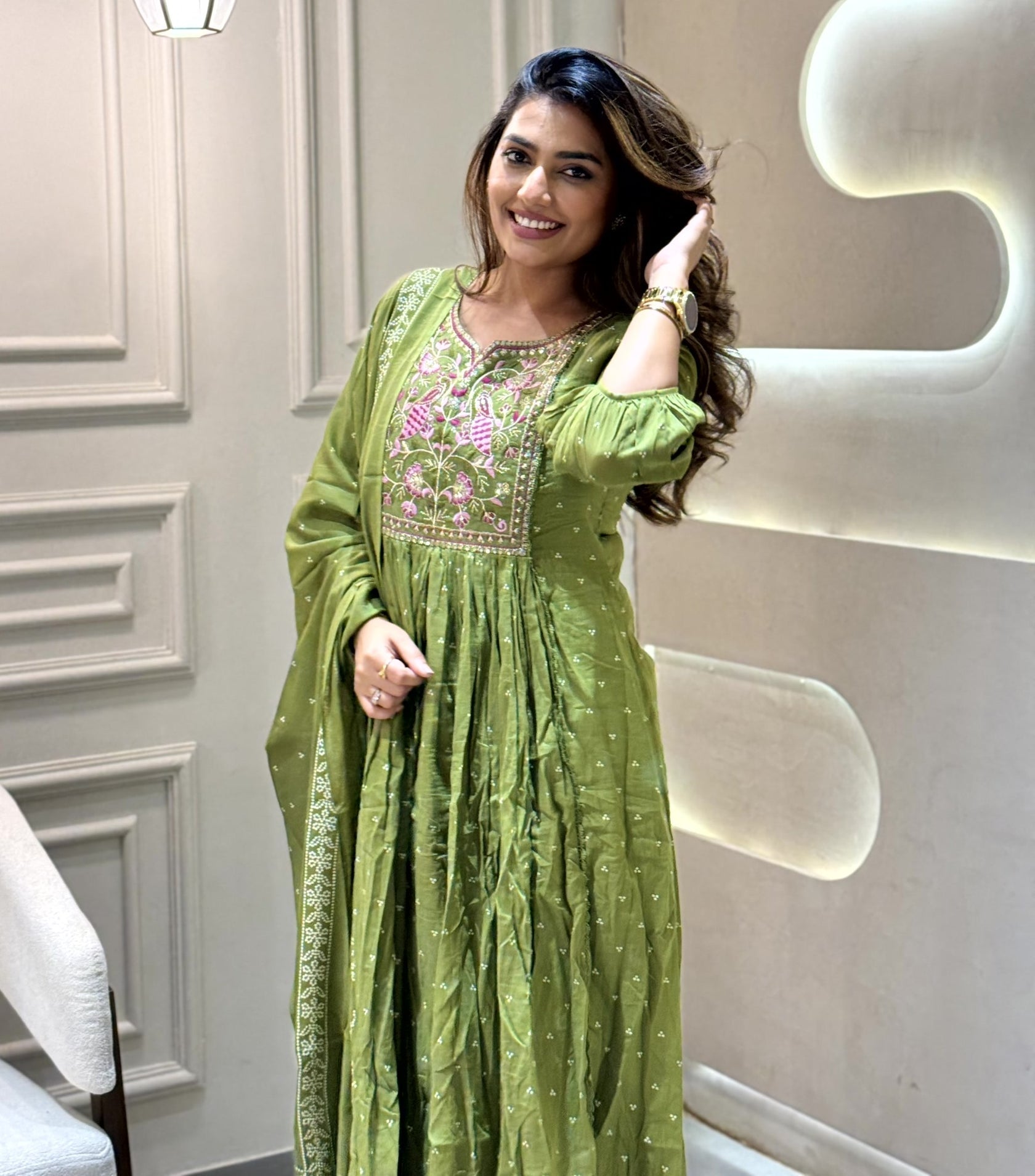 Elegant Green Cotton Embroidered Kurti Set with Dupatta | Flared Ethnic Wear (3-Piece Set)