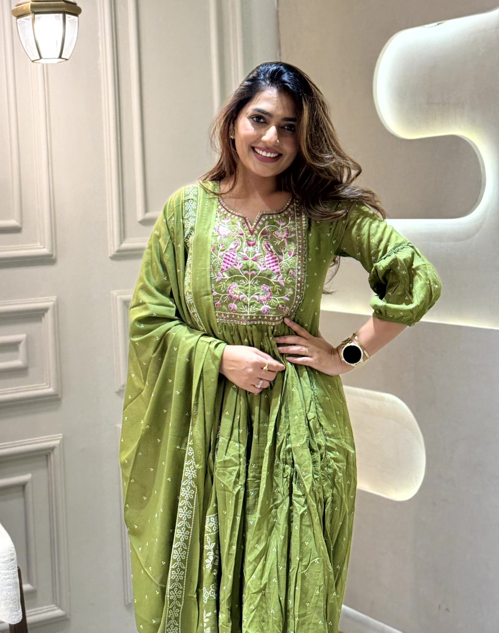 Elegant Green Cotton Embroidered Kurti Set with Dupatta | Flared Ethnic Wear (3-Piece Set)