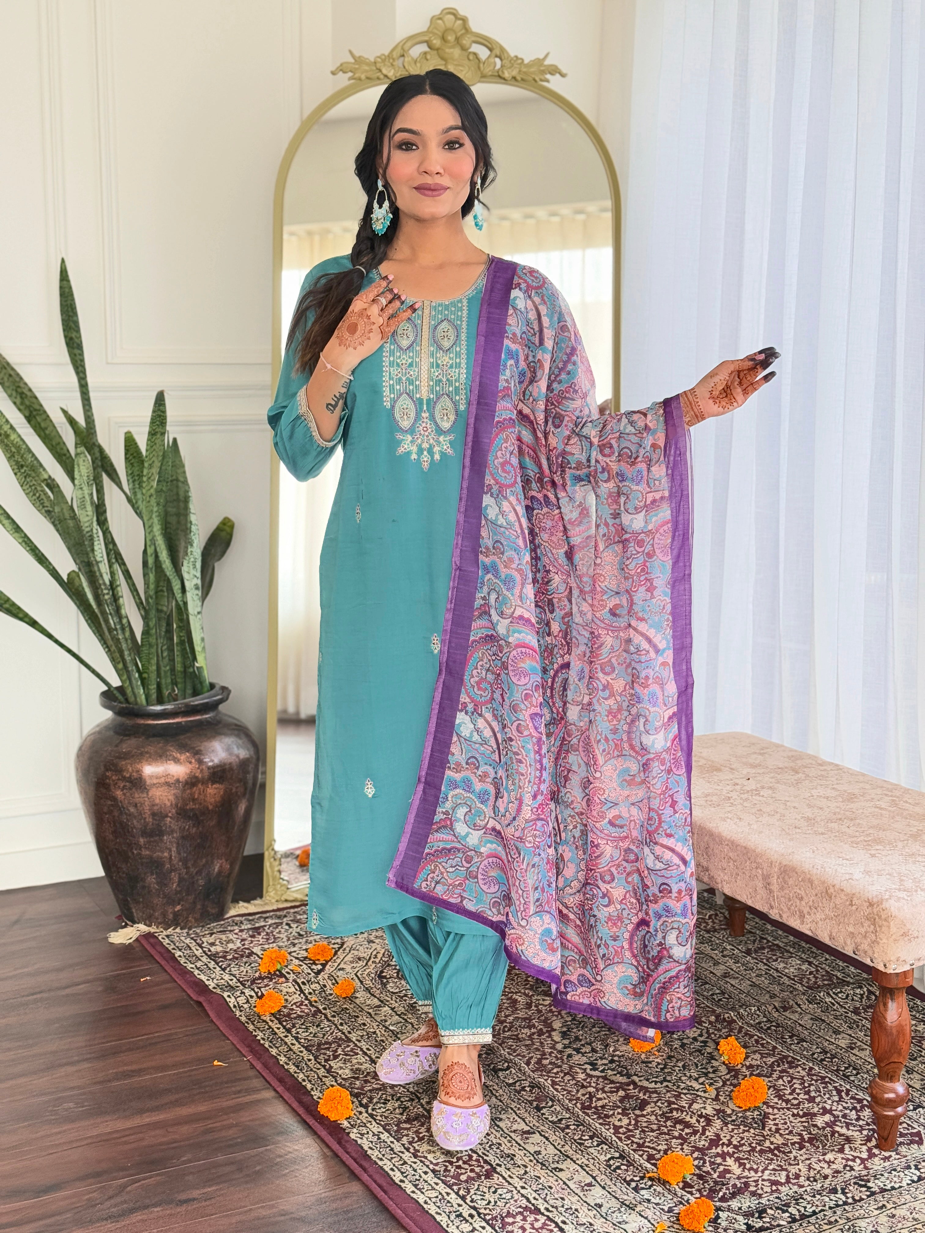 Elegant Teal Embroidered Viscose Chanderi Kurti Set with Linen Dupatta | Festive & Ethnic Wear (S–XXL)