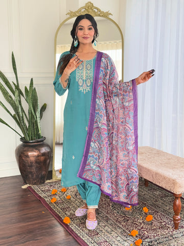 Elegant Teal Embroidered Viscose Chanderi Kurti Set with Linen Dupatta | Festive & Ethnic Wear (S–XXL)
