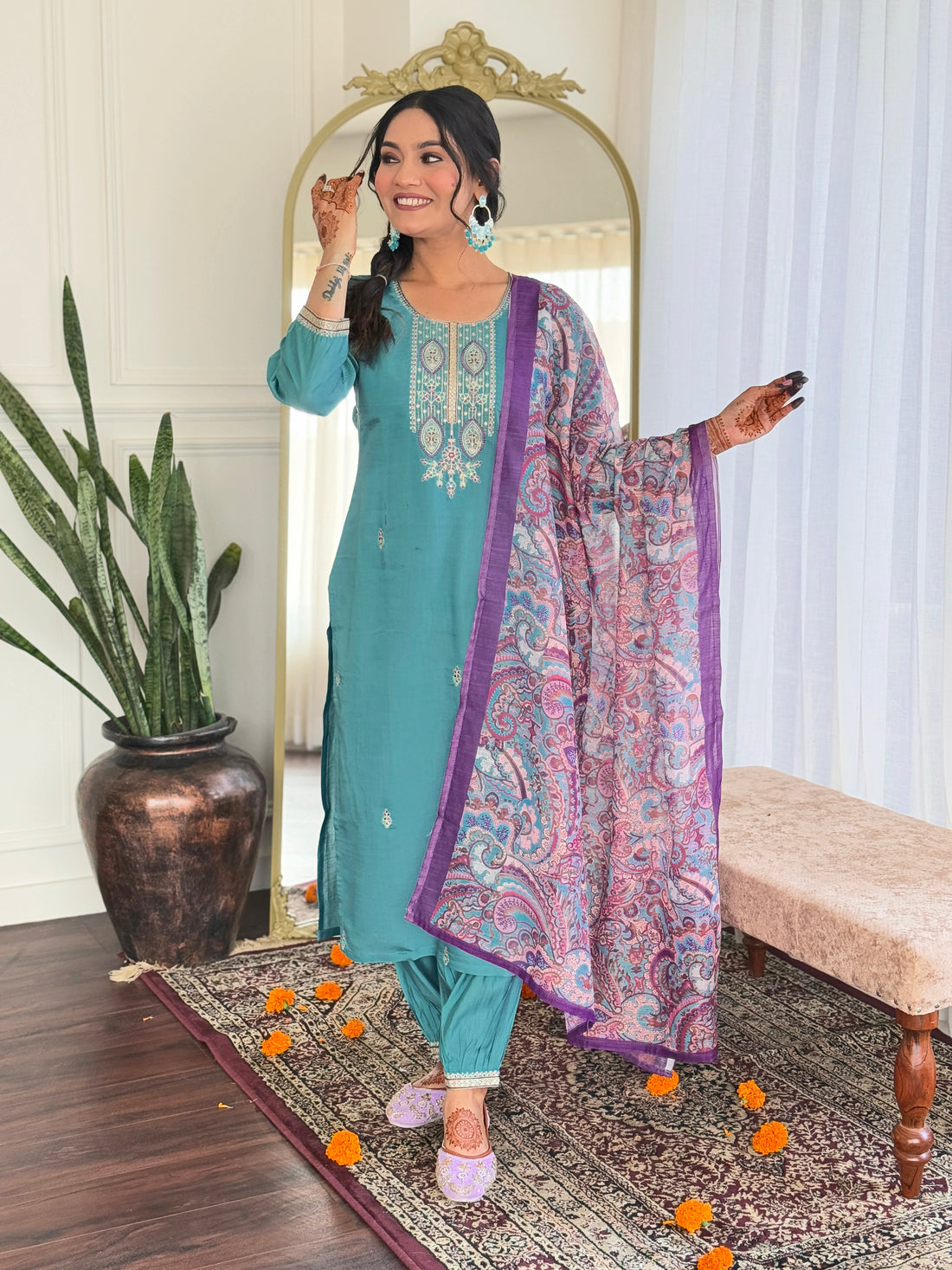 Elegant Teal Embroidered Viscose Chanderi Kurti Set with Linen Dupatta | Festive & Ethnic Wear (S–XXL)