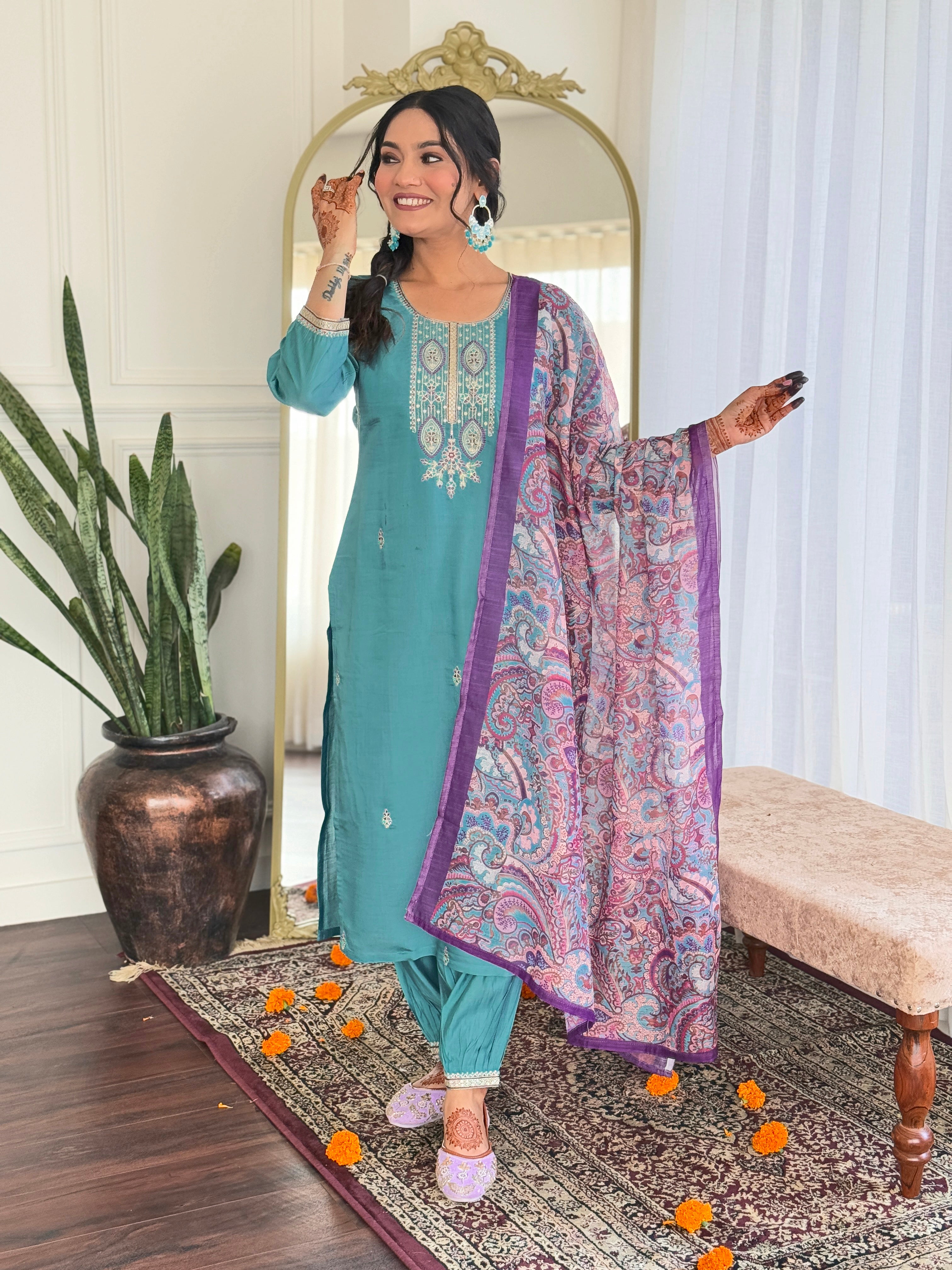 Elegant Teal Embroidered Viscose Chanderi Kurti Set with Linen Dupatta | Festive & Ethnic Wear (S–XXL)