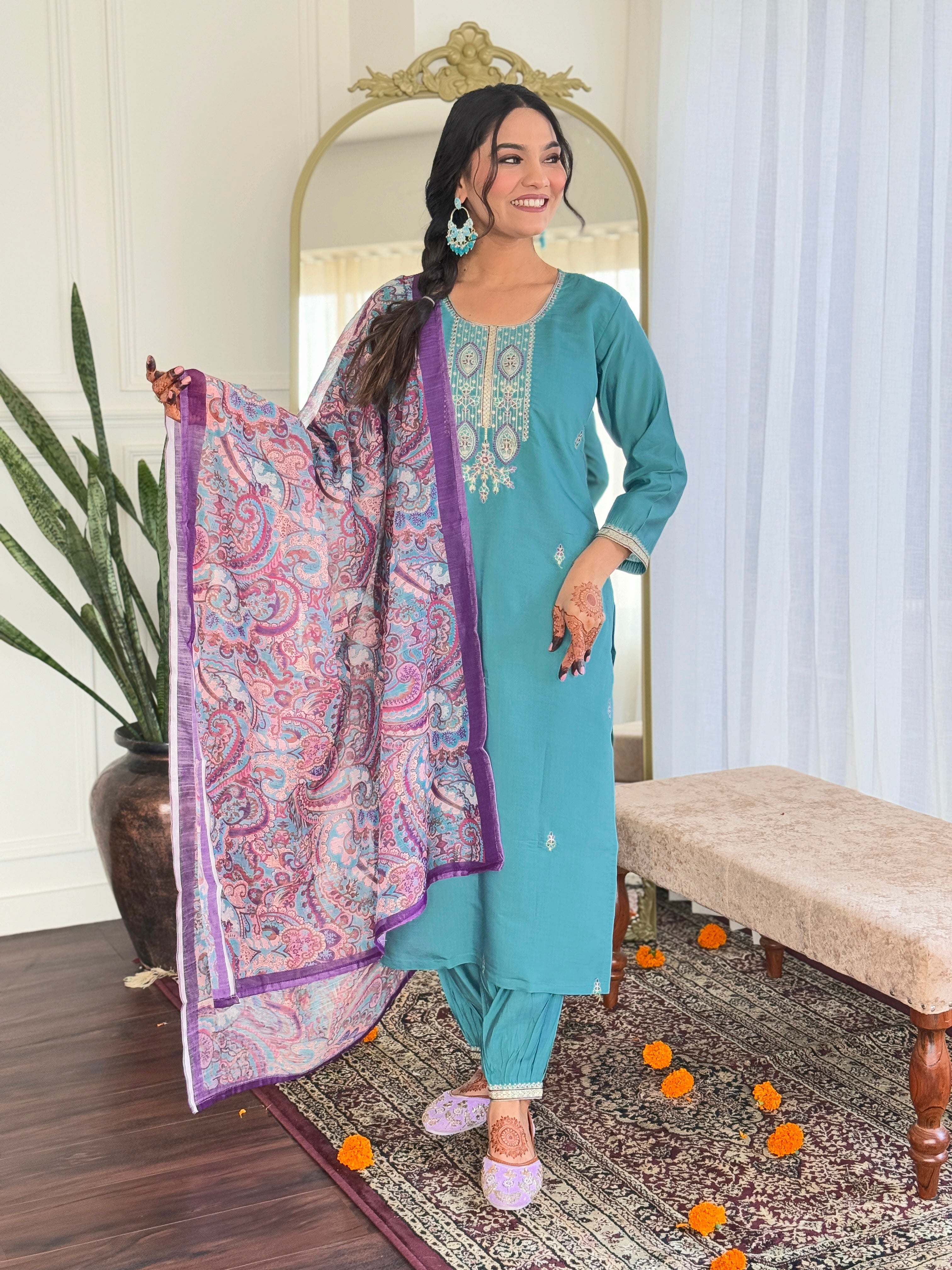 Elegant Teal Embroidered Viscose Chanderi Kurti Set with Linen Dupatta | Festive & Ethnic Wear (S–XXL)