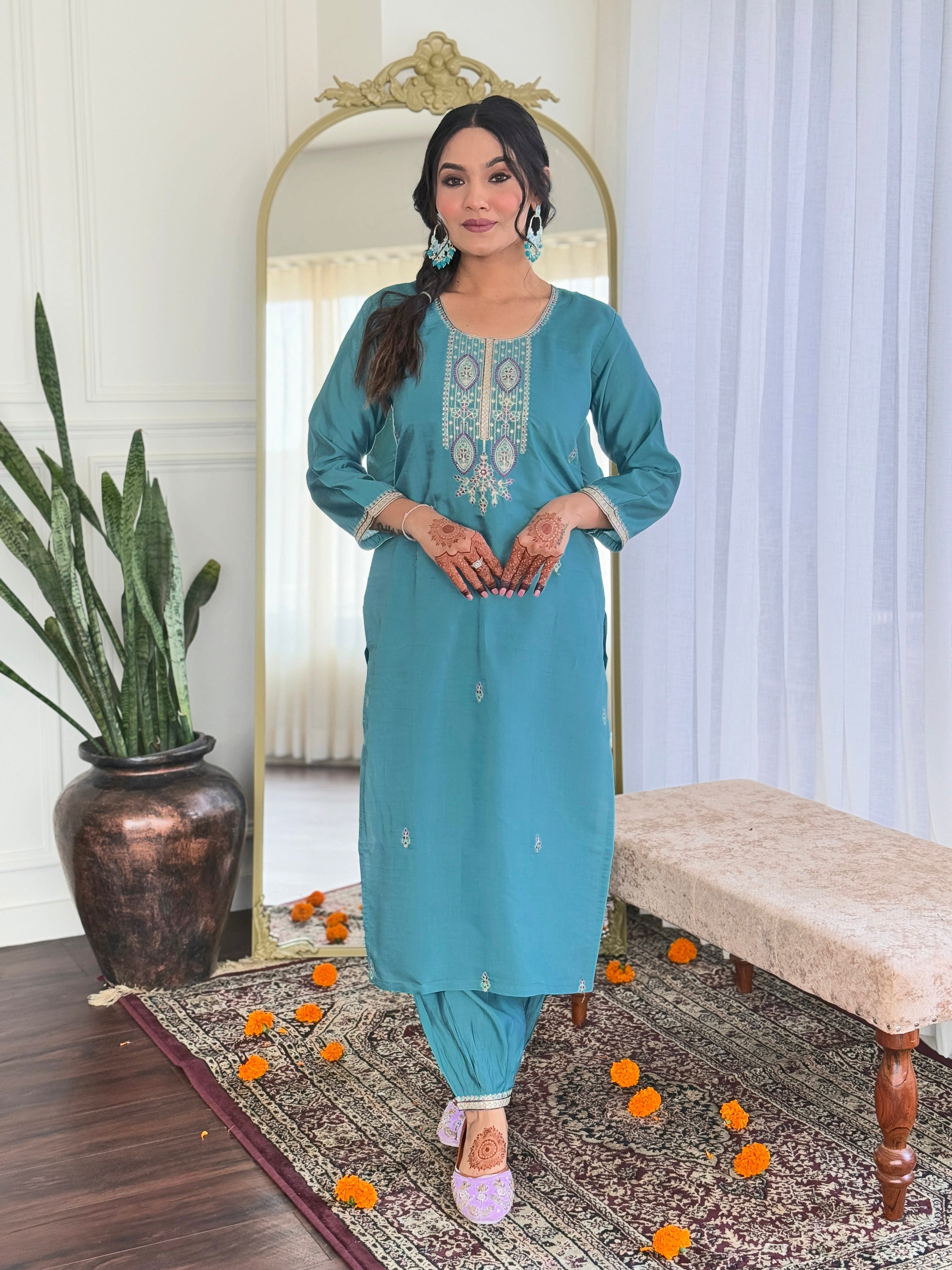 Elegant Teal Embroidered Viscose Chanderi Kurti Set with Linen Dupatta | Festive & Ethnic Wear (S–XXL)