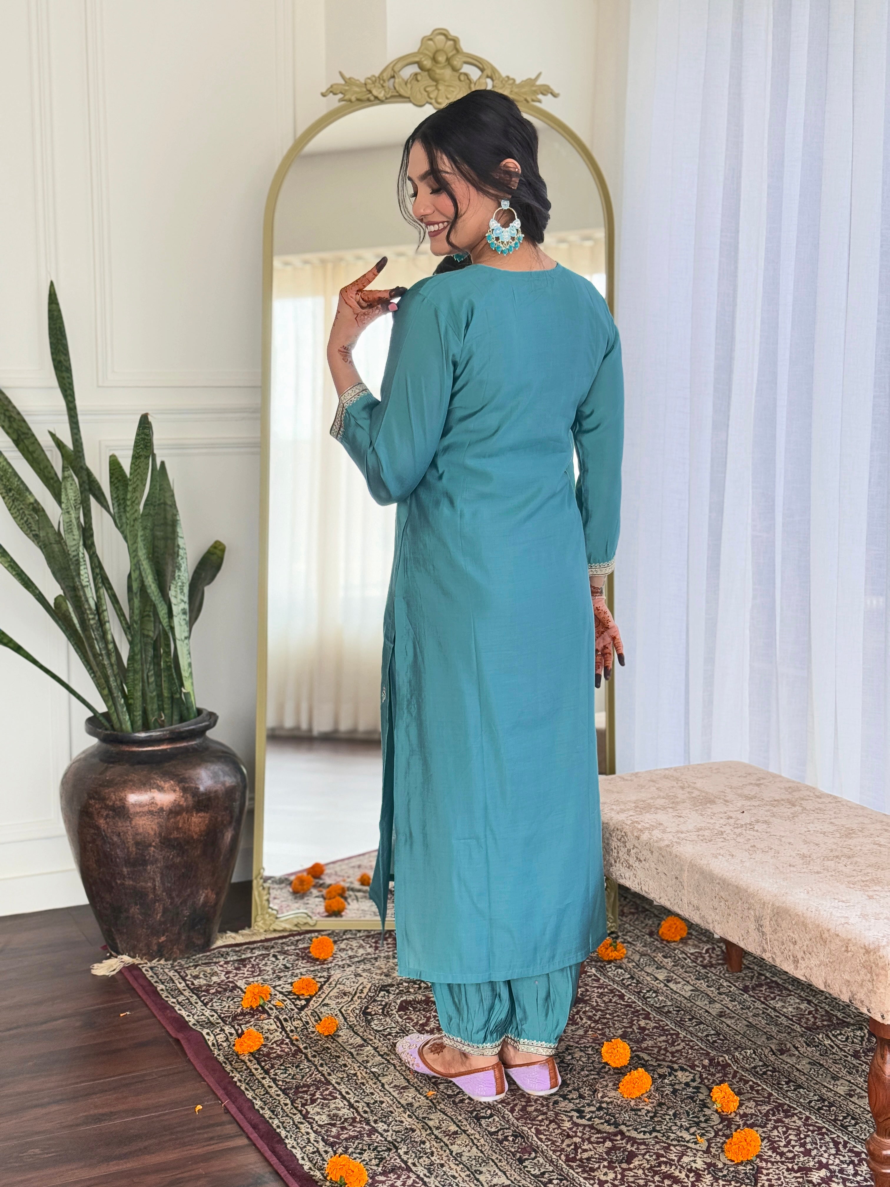 Elegant Teal Embroidered Viscose Chanderi Kurti Set with Linen Dupatta | Festive & Ethnic Wear (S–XXL)