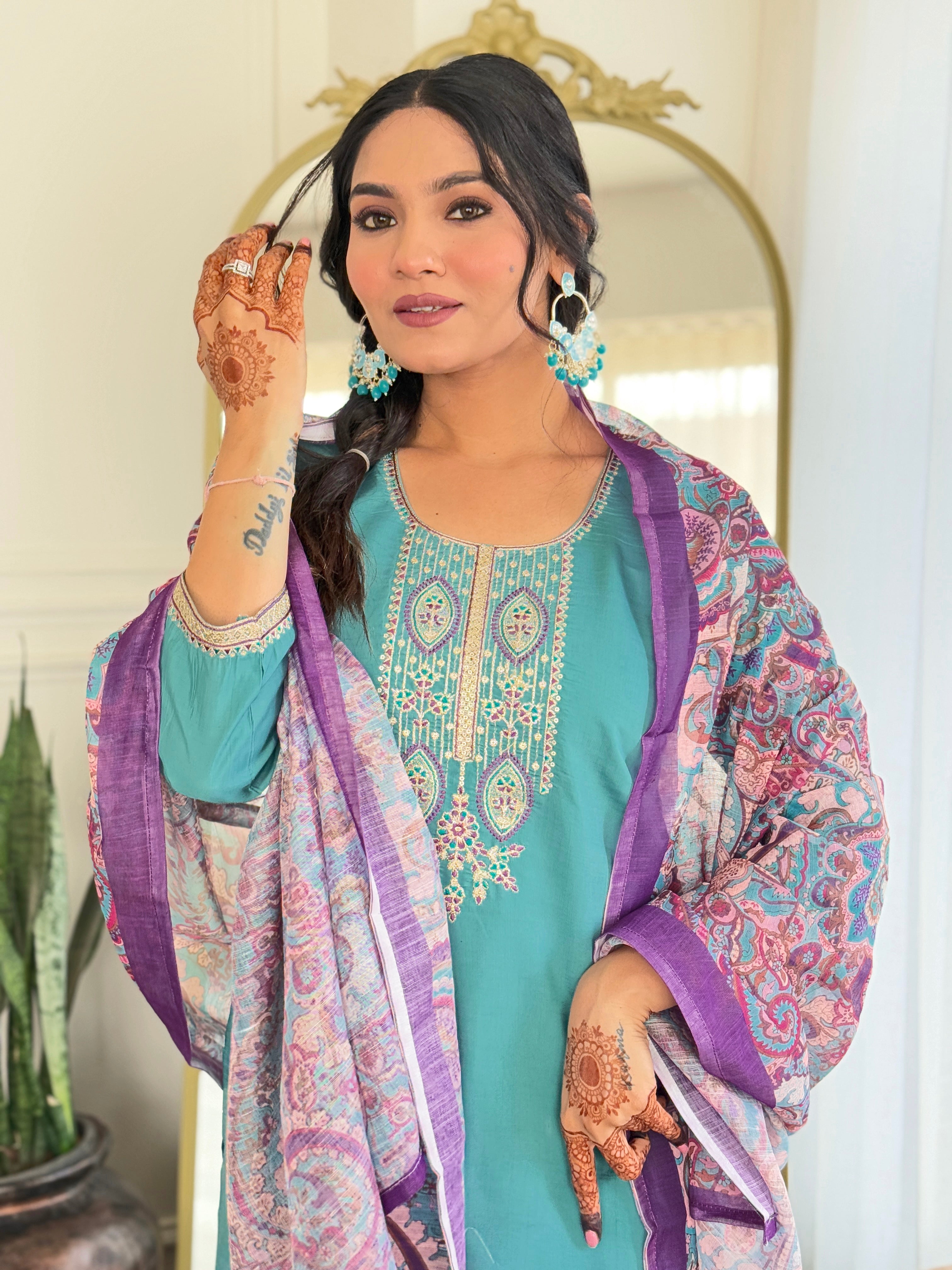 Elegant Teal Embroidered Viscose Chanderi Kurti Set with Linen Dupatta | Festive & Ethnic Wear (S–XXL)