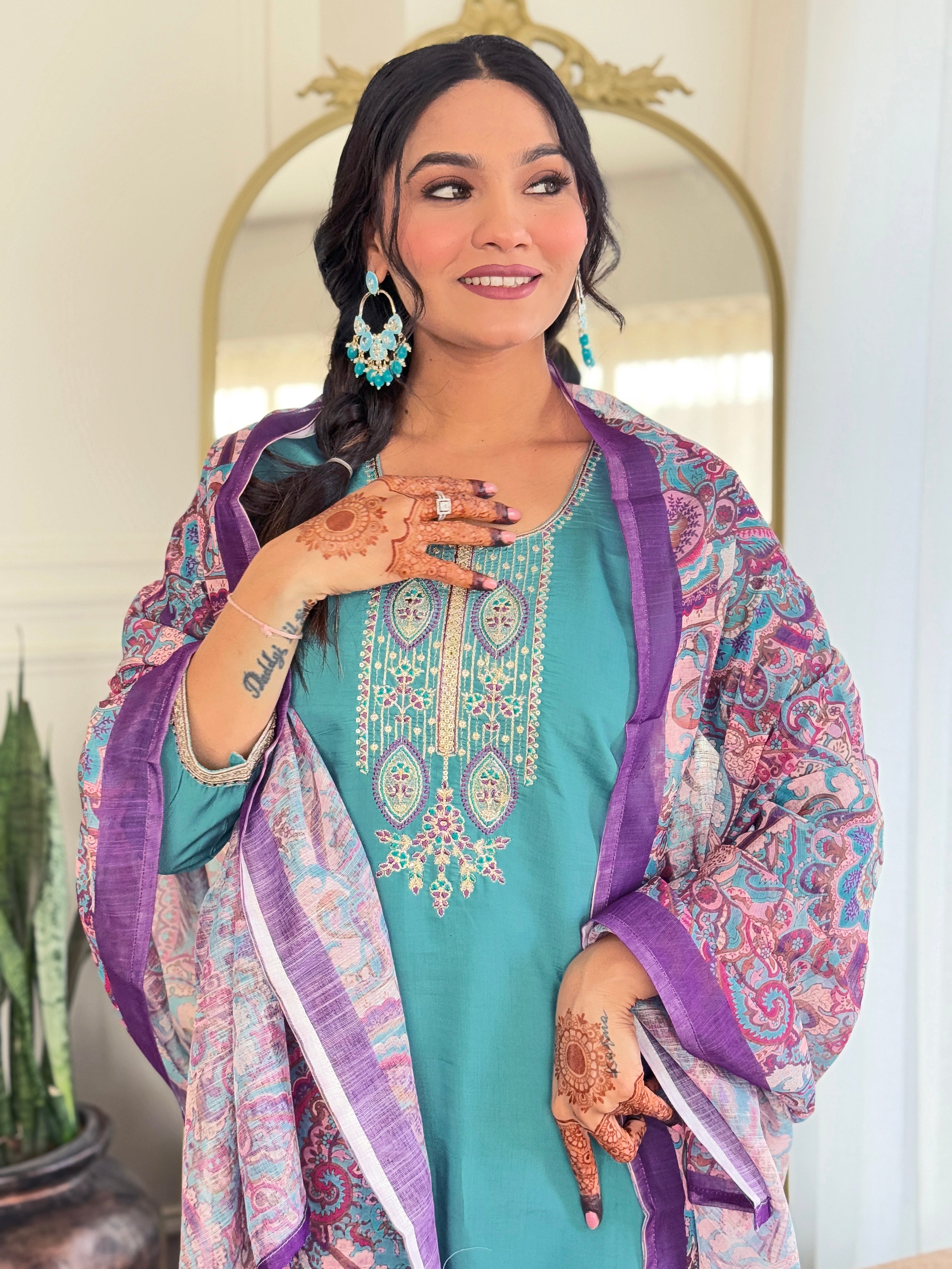 Elegant Teal Embroidered Viscose Chanderi Kurti Set with Linen Dupatta | Festive & Ethnic Wear (S–XXL)
