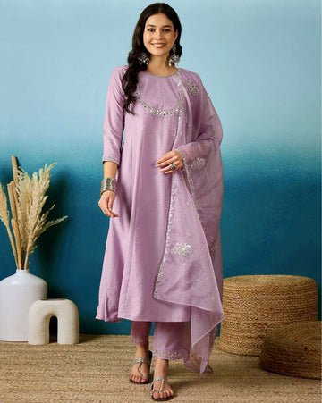 Elegant Lavender Silk Blend Embroidered Kurti Set with Organza Dupatta (3-Piece Set)
