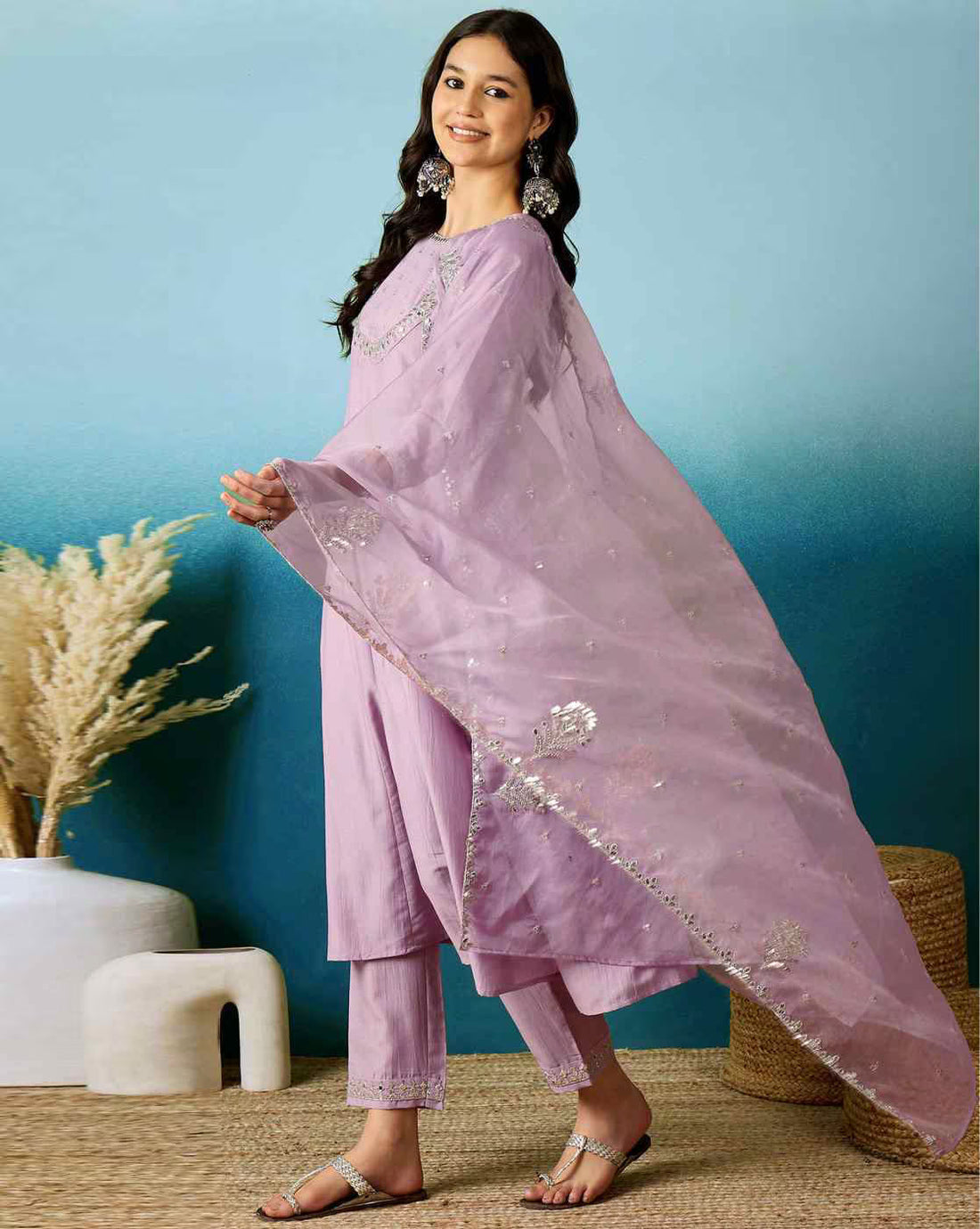 Elegant Lavender Silk Blend Embroidered Kurti Set with Organza Dupatta (3-Piece Set)