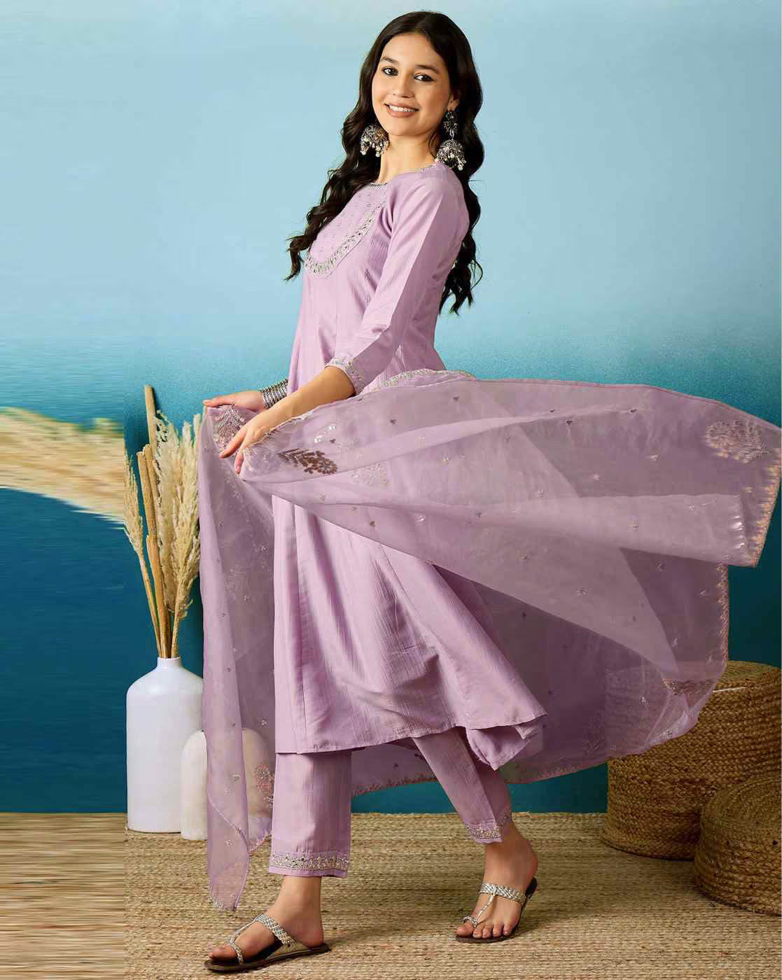 Elegant Lavender Silk Blend Embroidered Kurti Set with Organza Dupatta (3-Piece Set)
