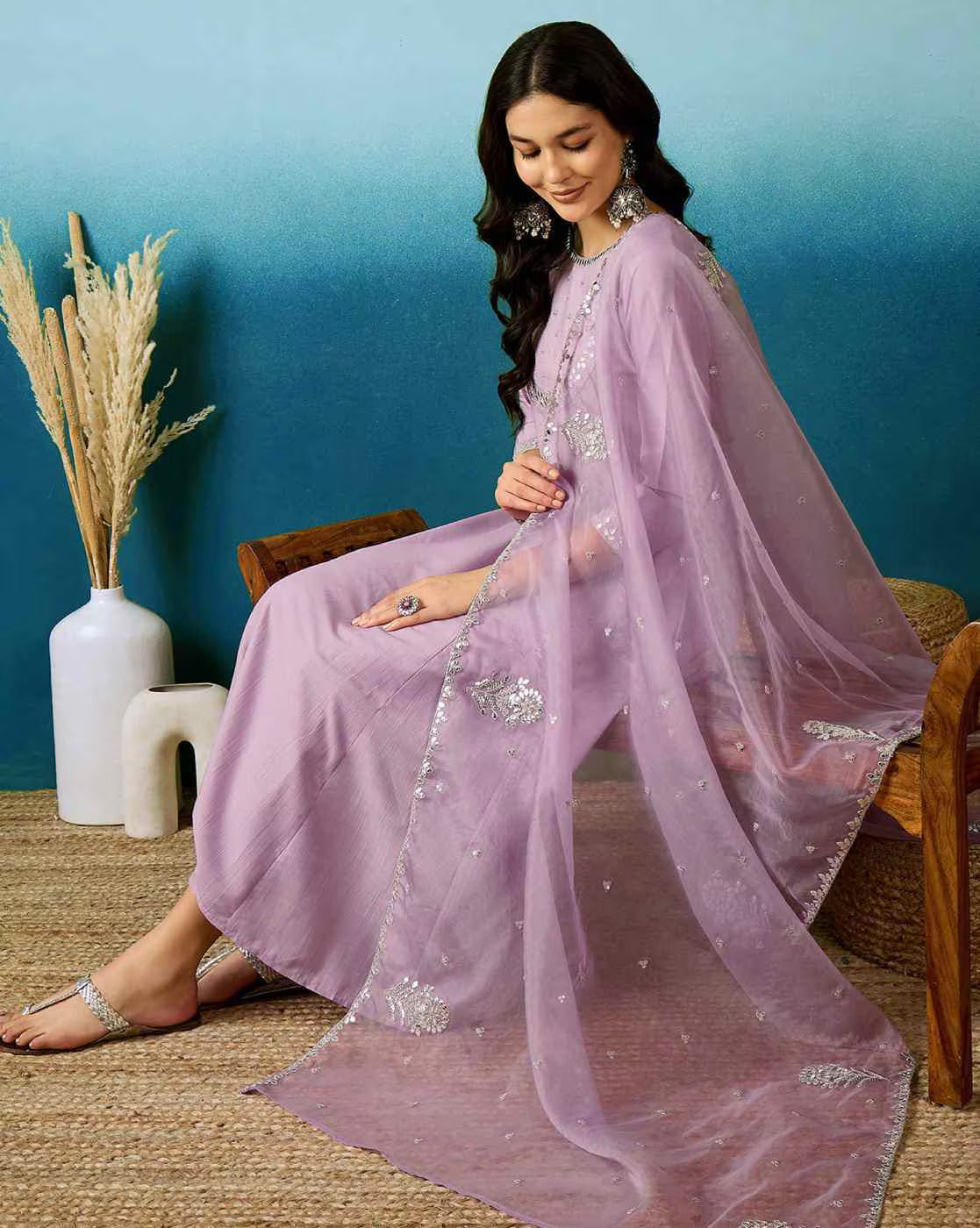 Elegant Lavender Silk Blend Embroidered Kurti Set with Organza Dupatta (3-Piece Set)
