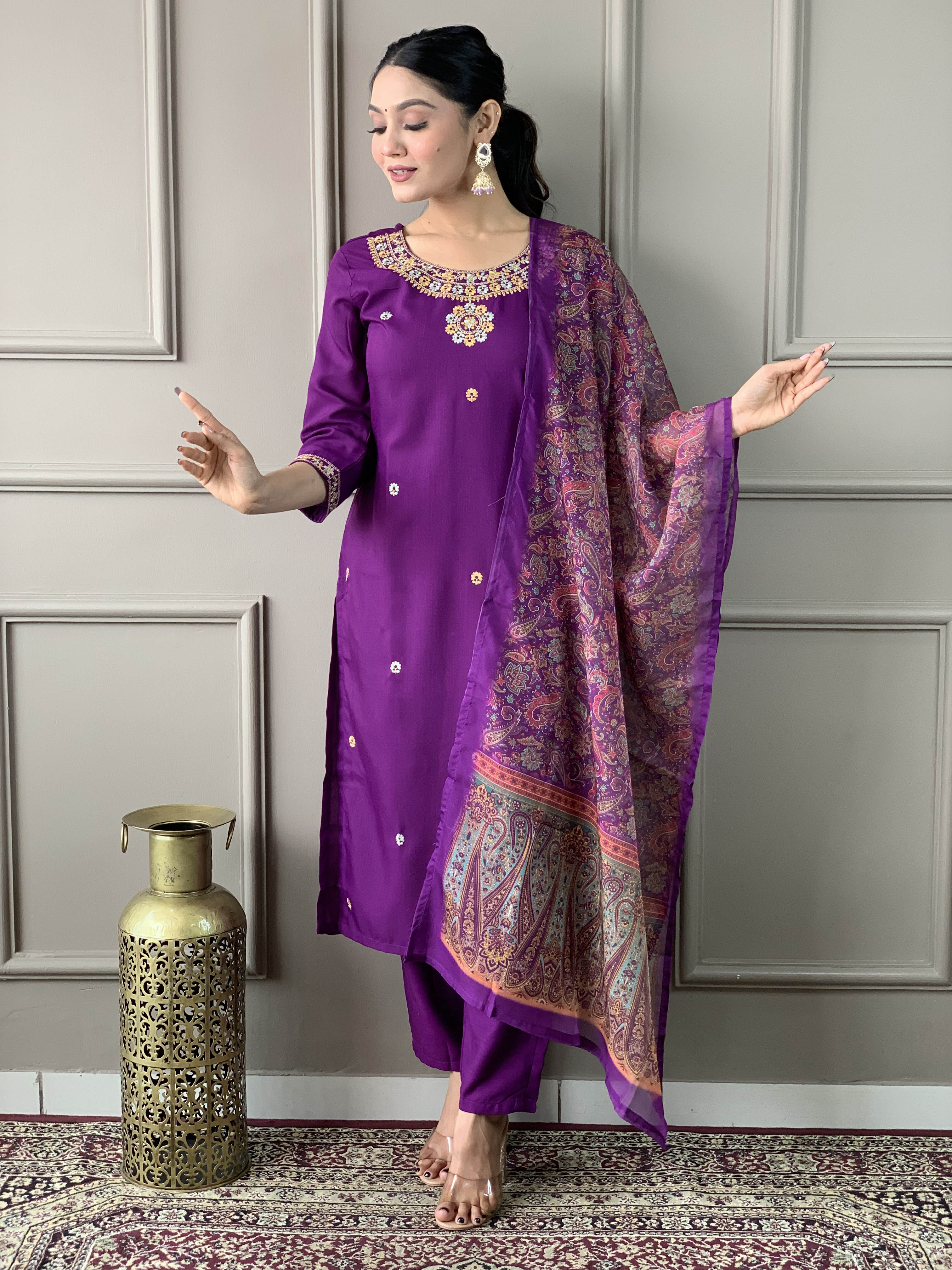 Elegant Purple Embroidered Rayon Slub Kurti Set with Organza Dupatta | Festive & Party Wear (S–XXL)