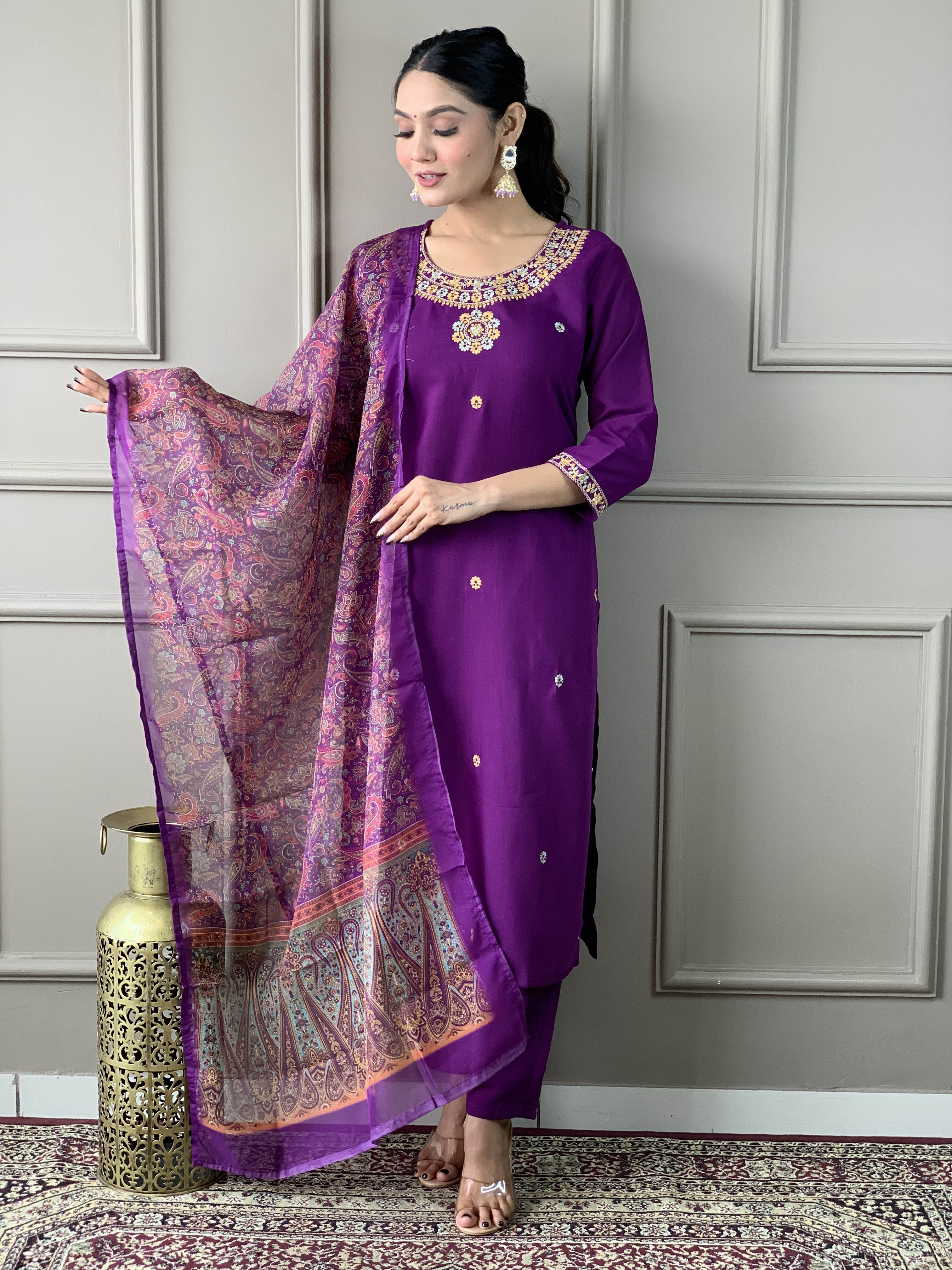 Elegant Purple Embroidered Rayon Slub Kurti Set with Organza Dupatta | Festive & Party Wear (S–XXL)