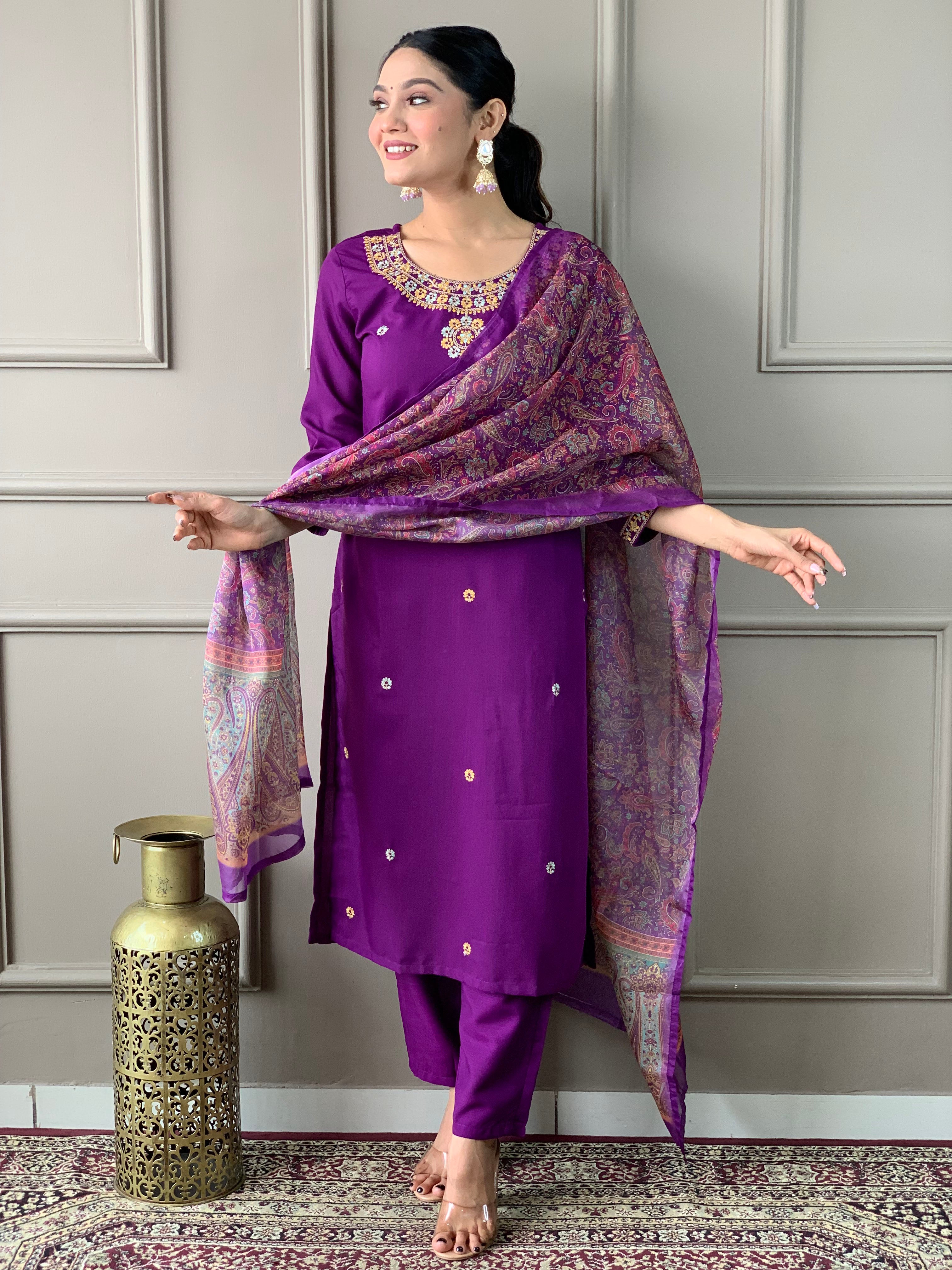 Elegant Purple Embroidered Rayon Slub Kurti Set with Organza Dupatta | Festive & Party Wear (S–XXL)