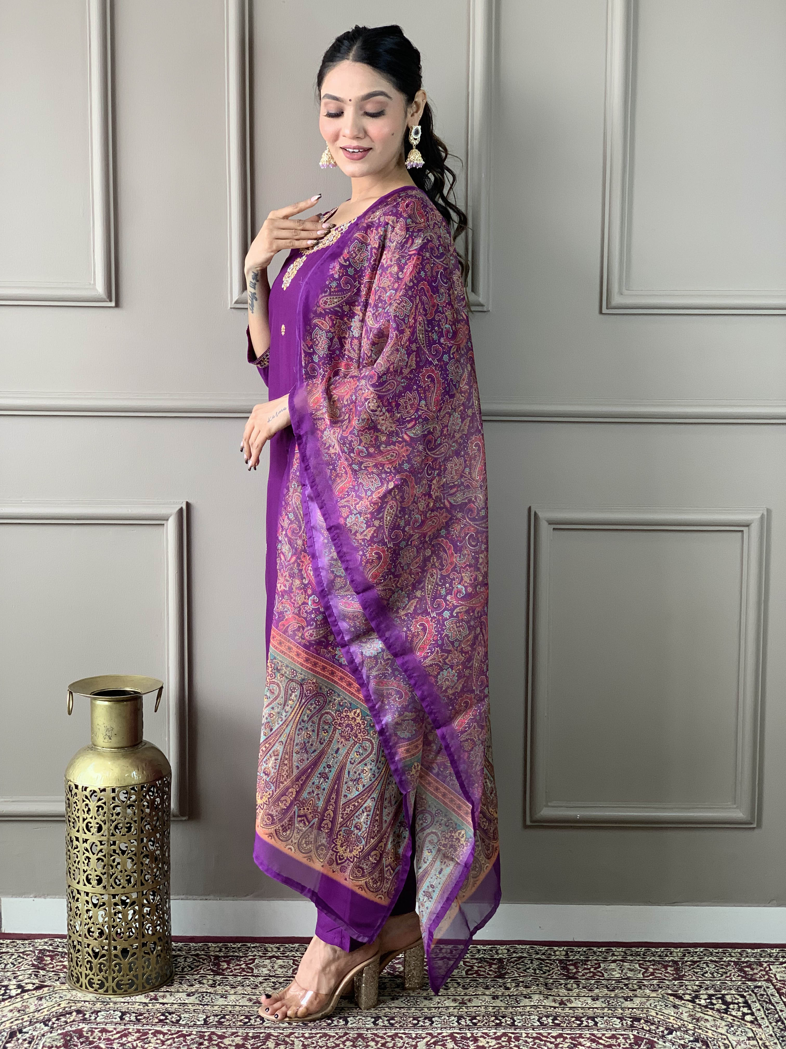 Elegant Purple Embroidered Rayon Slub Kurti Set with Organza Dupatta | Festive & Party Wear (S–XXL)