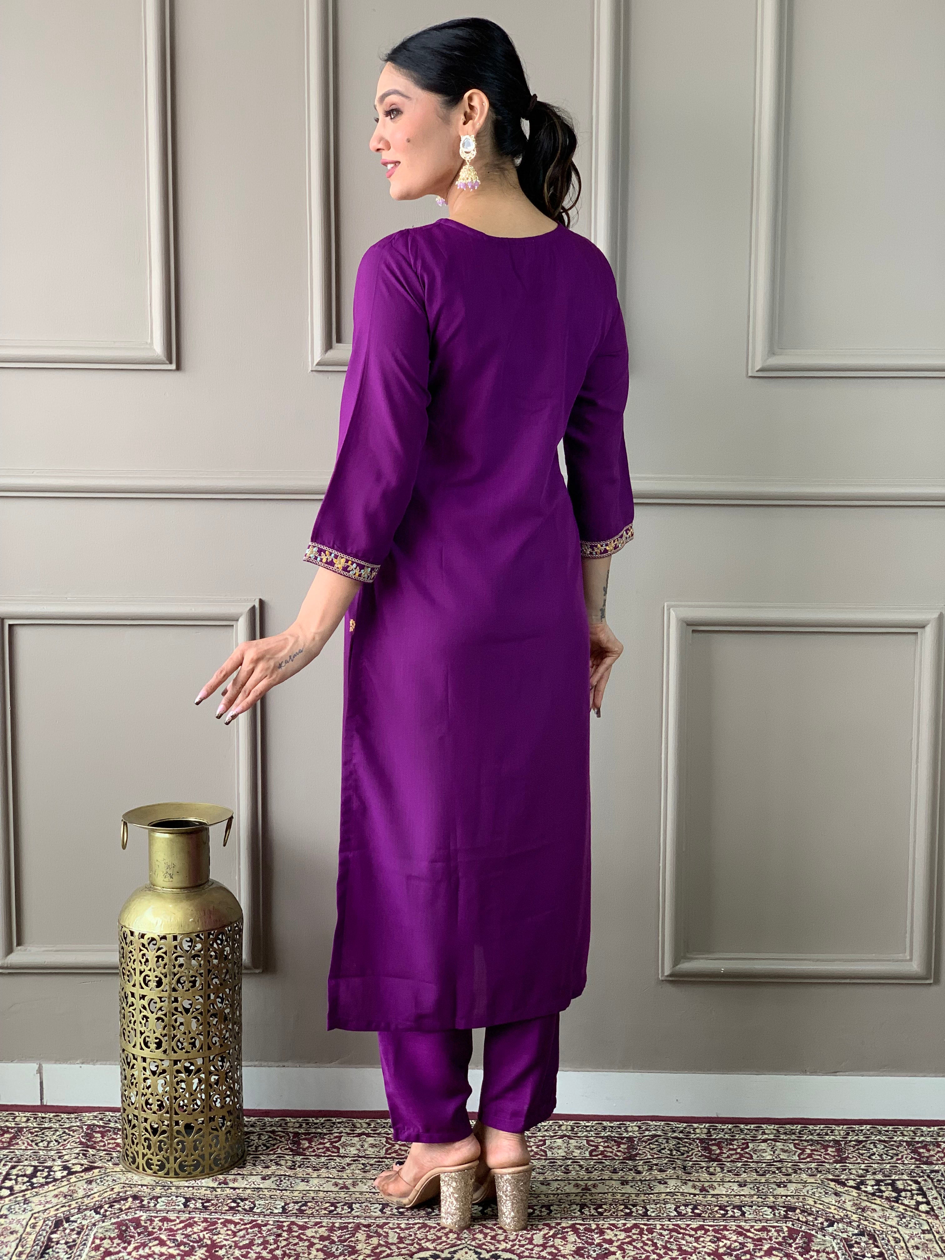 Elegant Purple Embroidered Rayon Slub Kurti Set with Organza Dupatta | Festive & Party Wear (S–XXL)