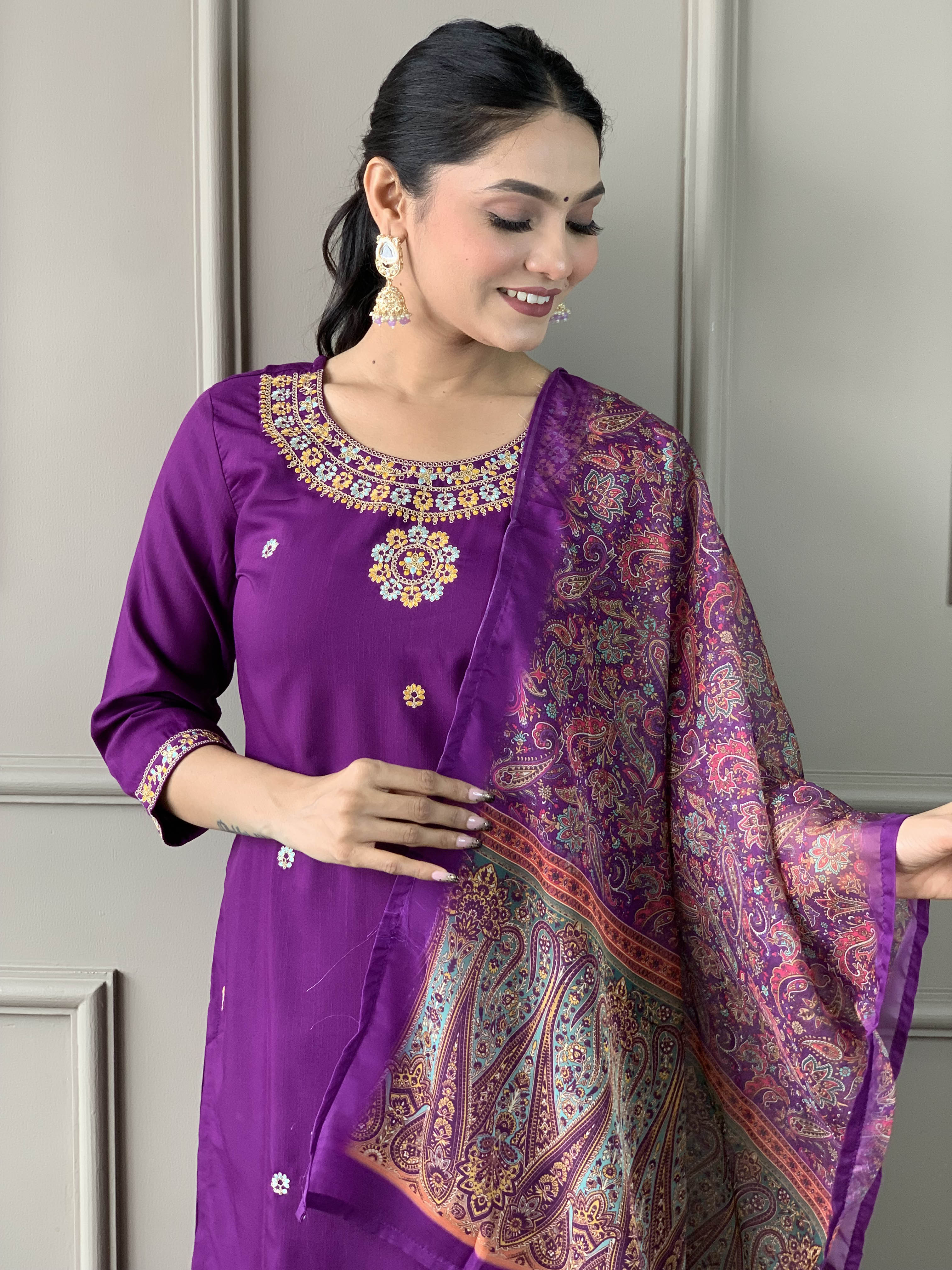 Elegant Purple Embroidered Rayon Slub Kurti Set with Organza Dupatta | Festive & Party Wear (S–XXL)