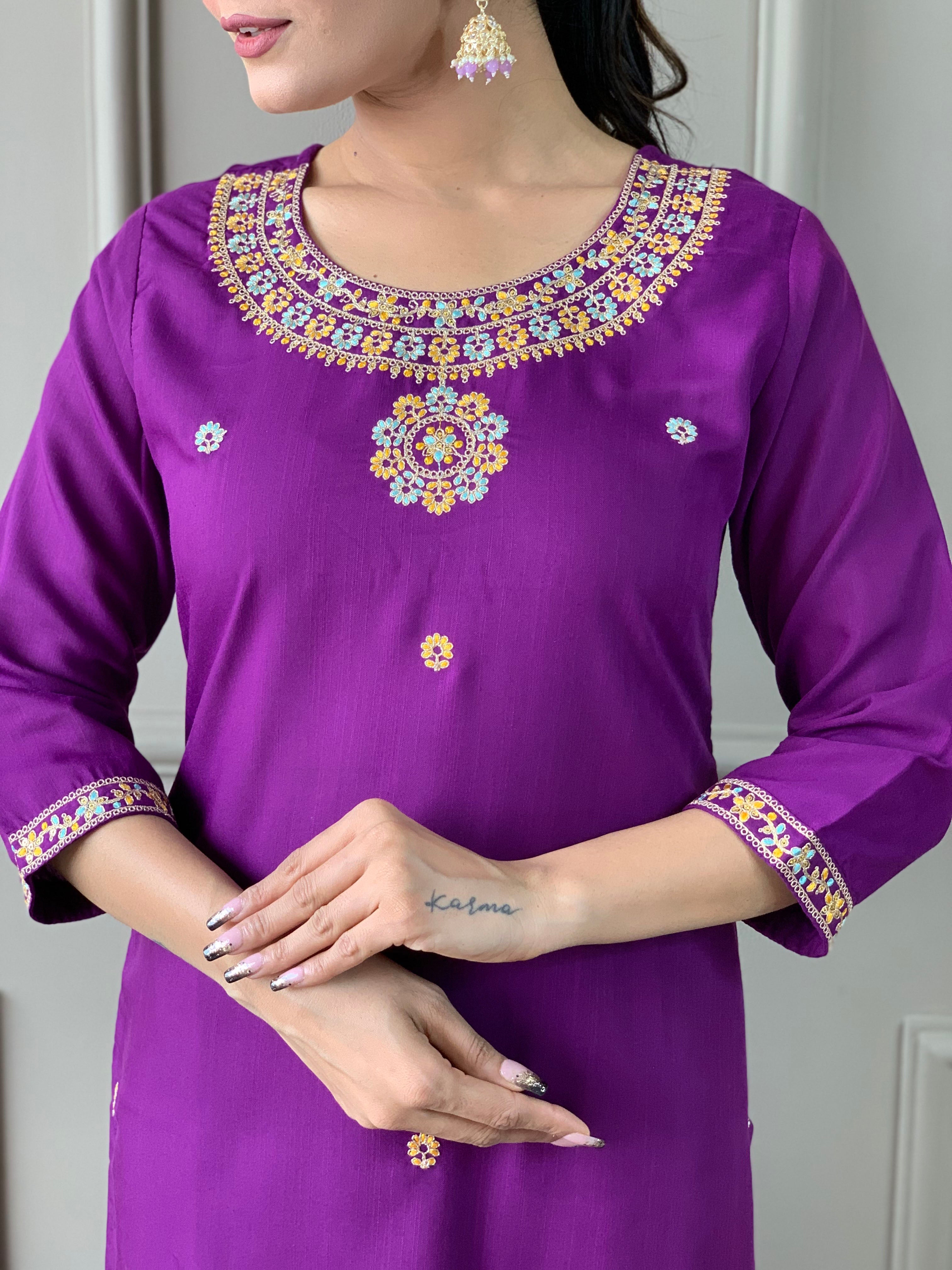 Elegant Purple Embroidered Rayon Slub Kurti Set with Organza Dupatta | Festive & Party Wear (S–XXL)