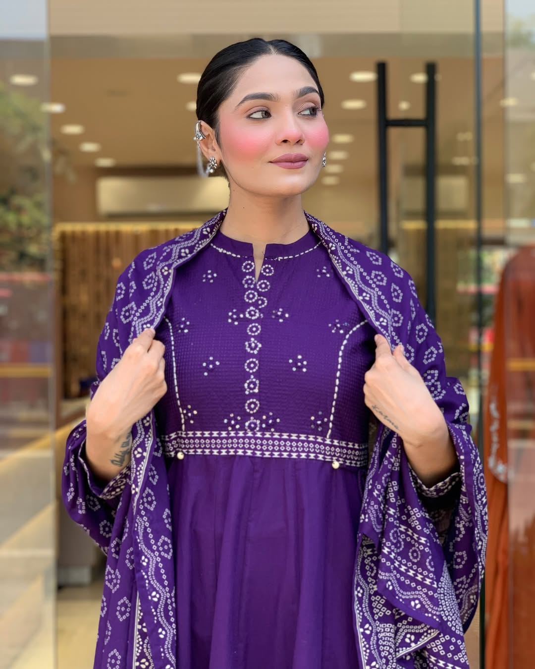 Elegant Purple Muslin Cotton Embroidered Kurti Set with Chanderi Dupatta (3-Piece Set)
