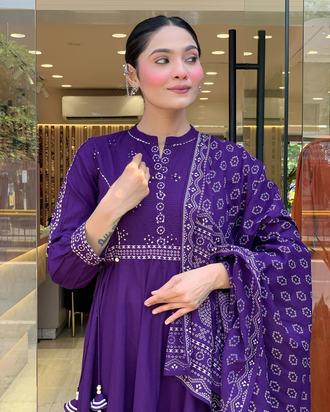 Elegant Purple Muslin Cotton Embroidered Kurti Set with Chanderi Dupatta (3-Piece Set)