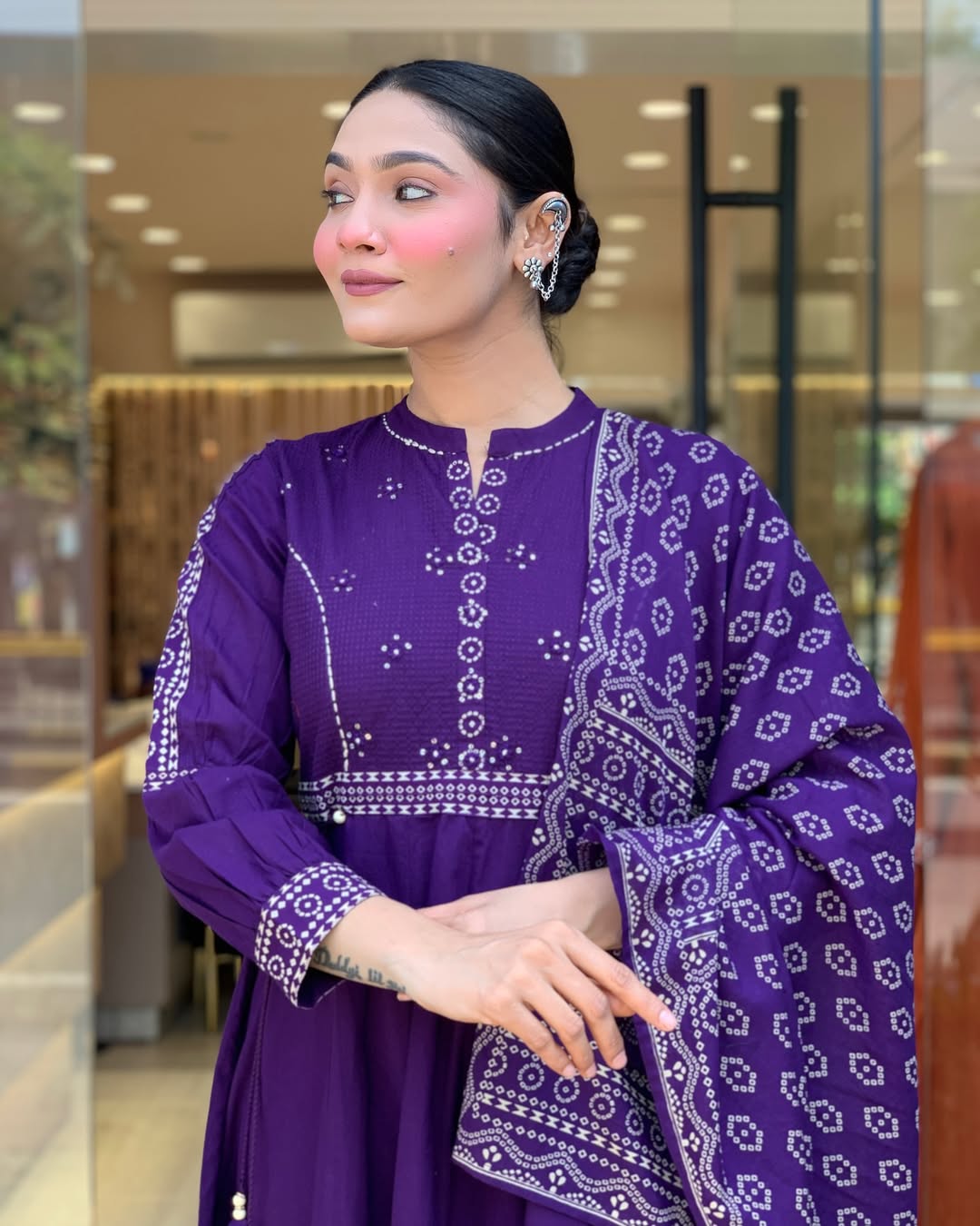 Elegant Purple Muslin Cotton Embroidered Kurti Set with Chanderi Dupatta (3-Piece Set)