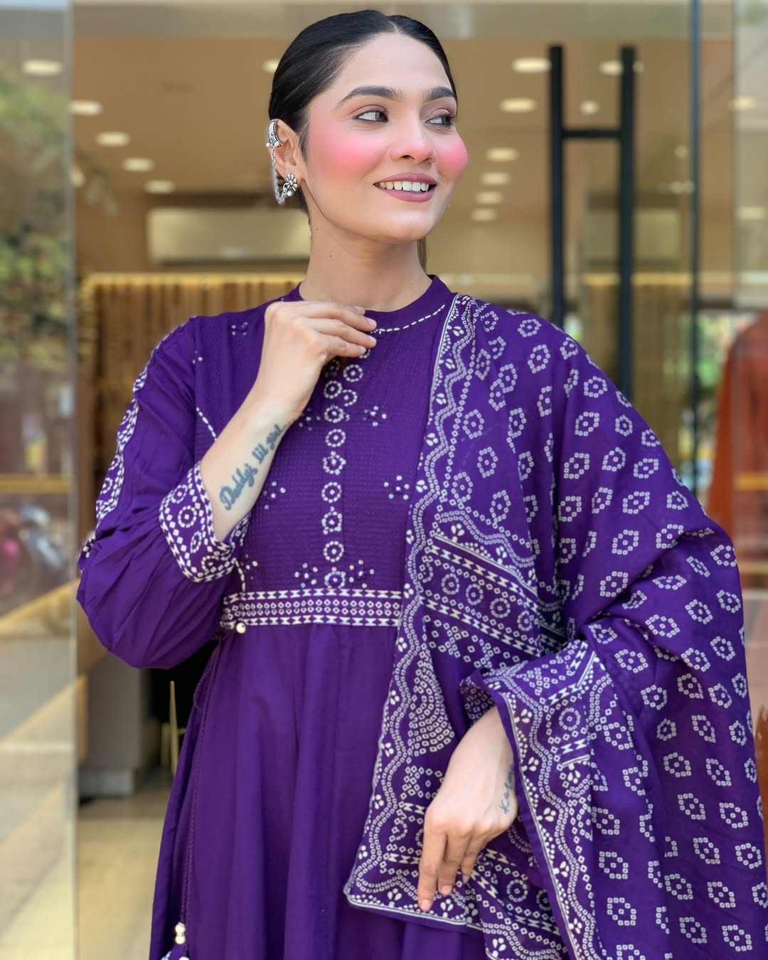 Elegant Purple Muslin Cotton Embroidered Kurti Set with Chanderi Dupatta (3-Piece Set)