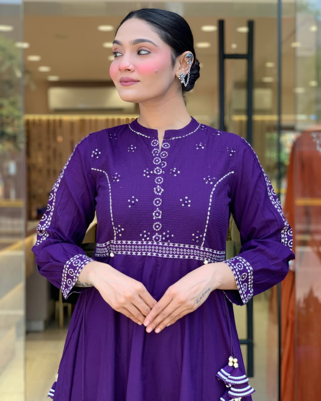 Elegant Purple Muslin Cotton Embroidered Kurti Set with Chanderi Dupatta (3-Piece Set)