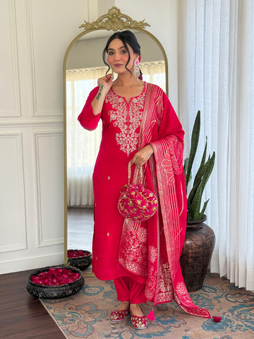 Elegant Rani Pink Roman Silk Embroidered Kurti Set with Jacquard Dupatta | Festive & Wedding Wear (S–XXL)