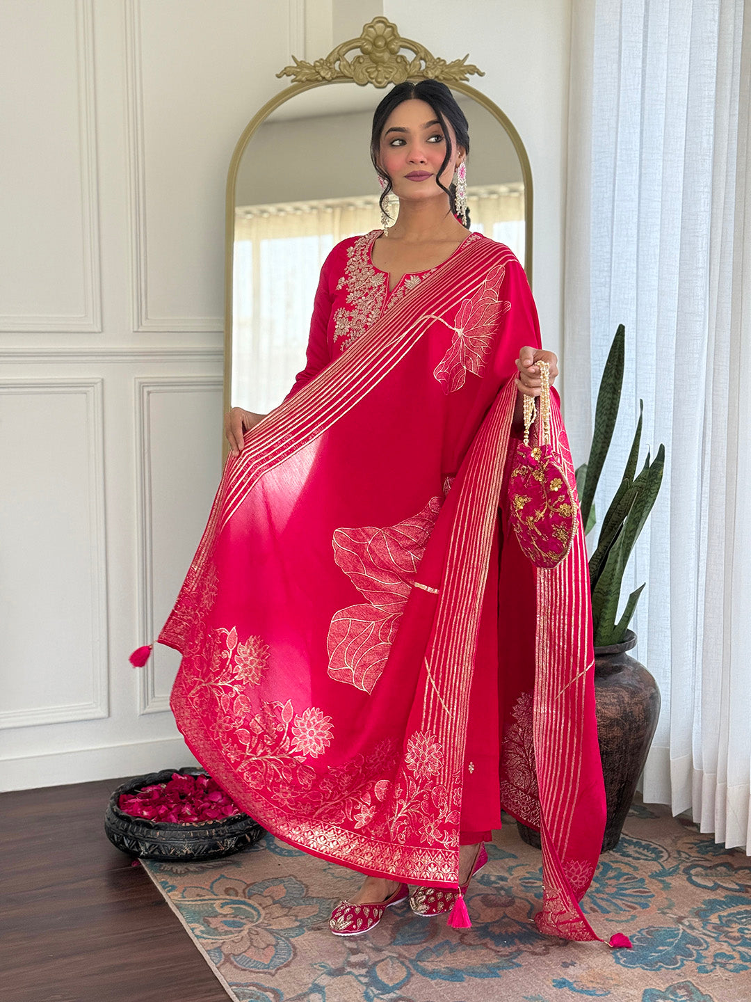 Elegant Rani Pink Roman Silk Embroidered Kurti Set with Jacquard Dupatta | Festive & Wedding Wear (S–XXL)