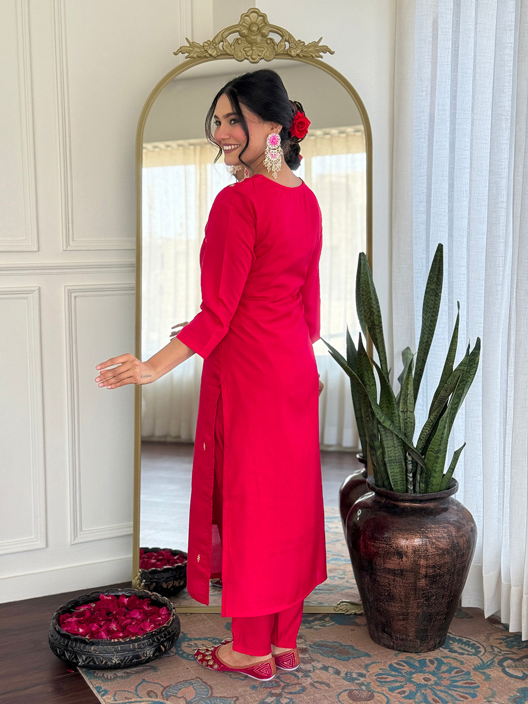 Elegant Rani Pink Roman Silk Embroidered Kurti Set with Jacquard Dupatta | Festive & Wedding Wear (S–XXL)