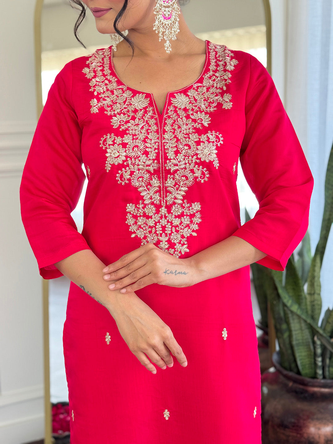 Elegant Rani Pink Roman Silk Embroidered Kurti Set with Jacquard Dupatta | Festive & Wedding Wear (S–XXL)