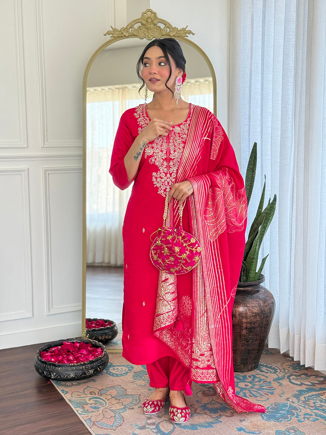 Elegant Rani Pink Roman Silk Embroidered Kurti Set with Jacquard Dupatta | Festive & Wedding Wear (S–XXL)