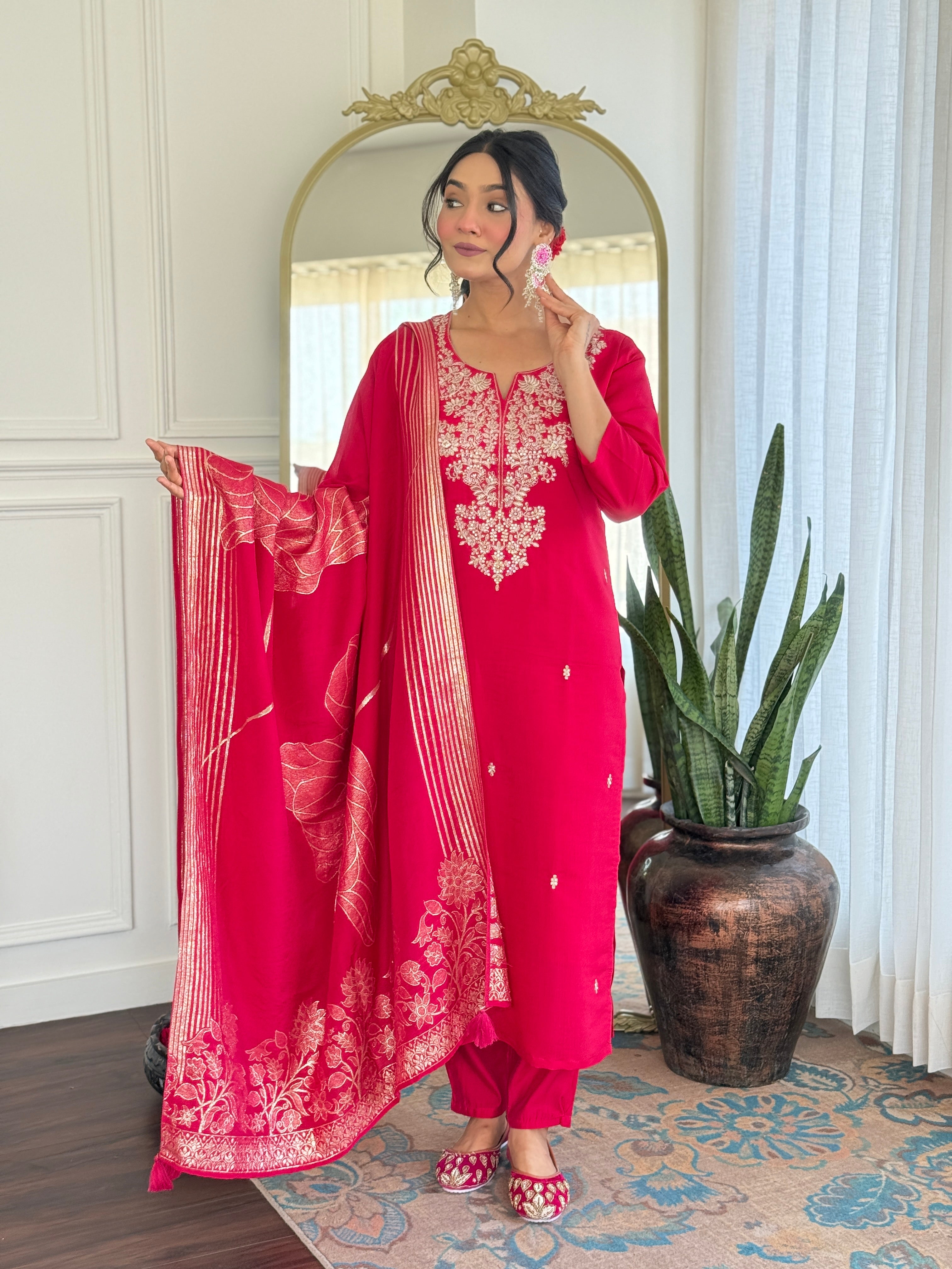Elegant Rani Pink Roman Silk Embroidered Kurti Set with Jacquard Dupatta | Festive & Wedding Wear (S–XXL)