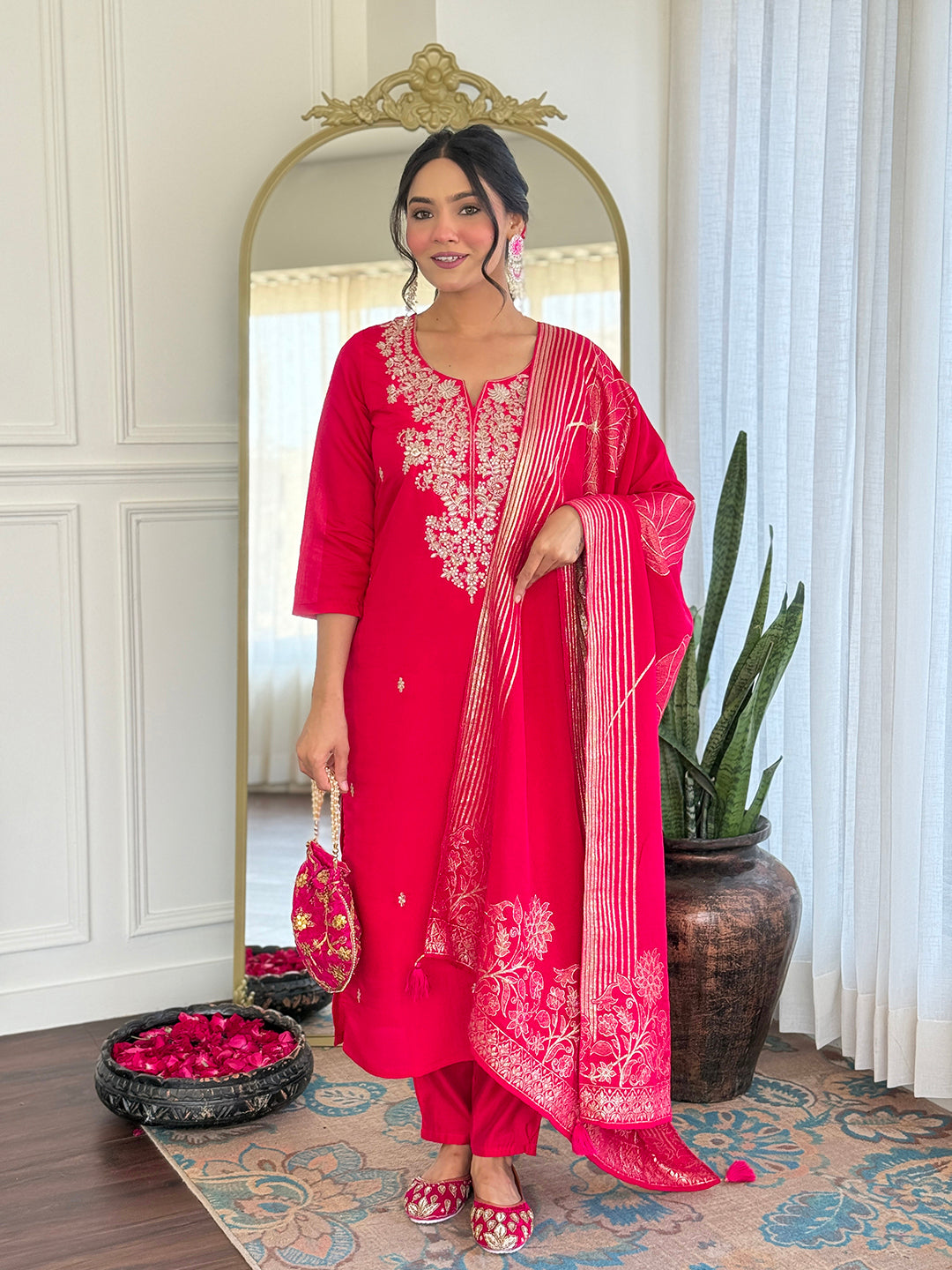 Elegant Rani Pink Roman Silk Embroidered Kurti Set with Jacquard Dupatta | Festive & Wedding Wear (S–XXL)