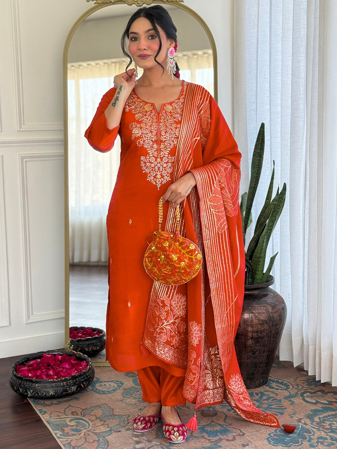 Elegant Rust Orange Roman Silk Embroidered Kurti Set with Jacquard Dupatta