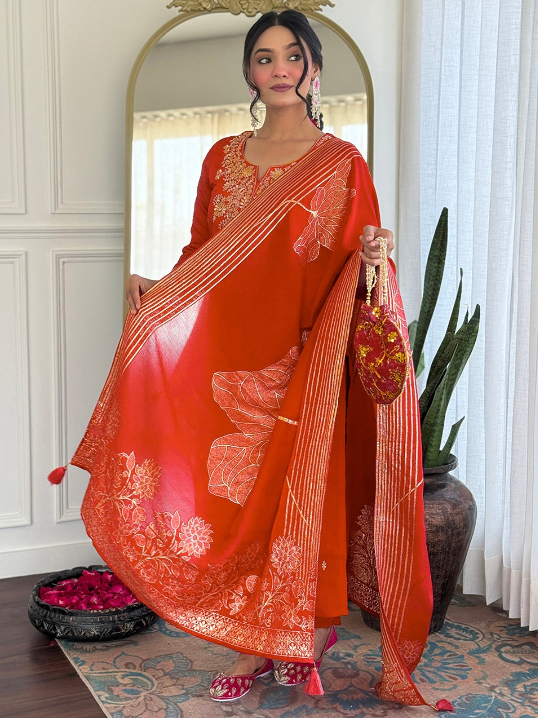 Elegant Rust Orange Roman Silk Embroidered Kurti Set with Jacquard Dupatta