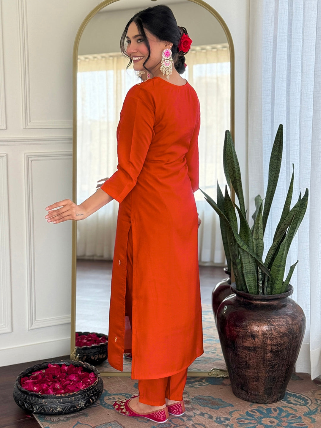 Elegant Rust Orange Roman Silk Embroidered Kurti Set with Jacquard Dupatta