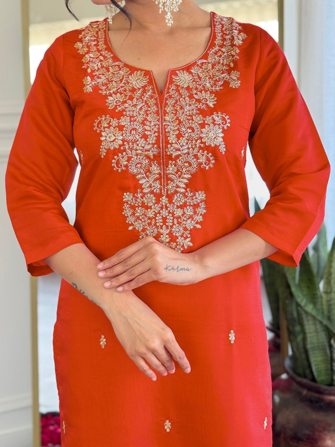 Elegant Rust Orange Roman Silk Embroidered Kurti Set with Jacquard Dupatta