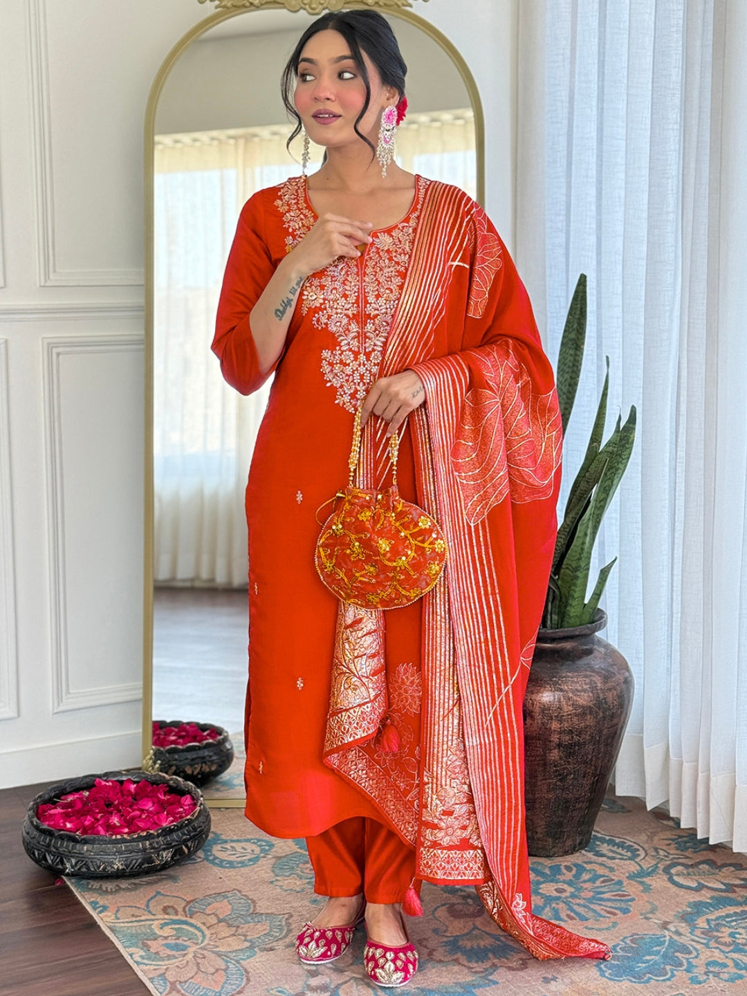 Elegant Rust Orange Roman Silk Embroidered Kurti Set with Jacquard Dupatta