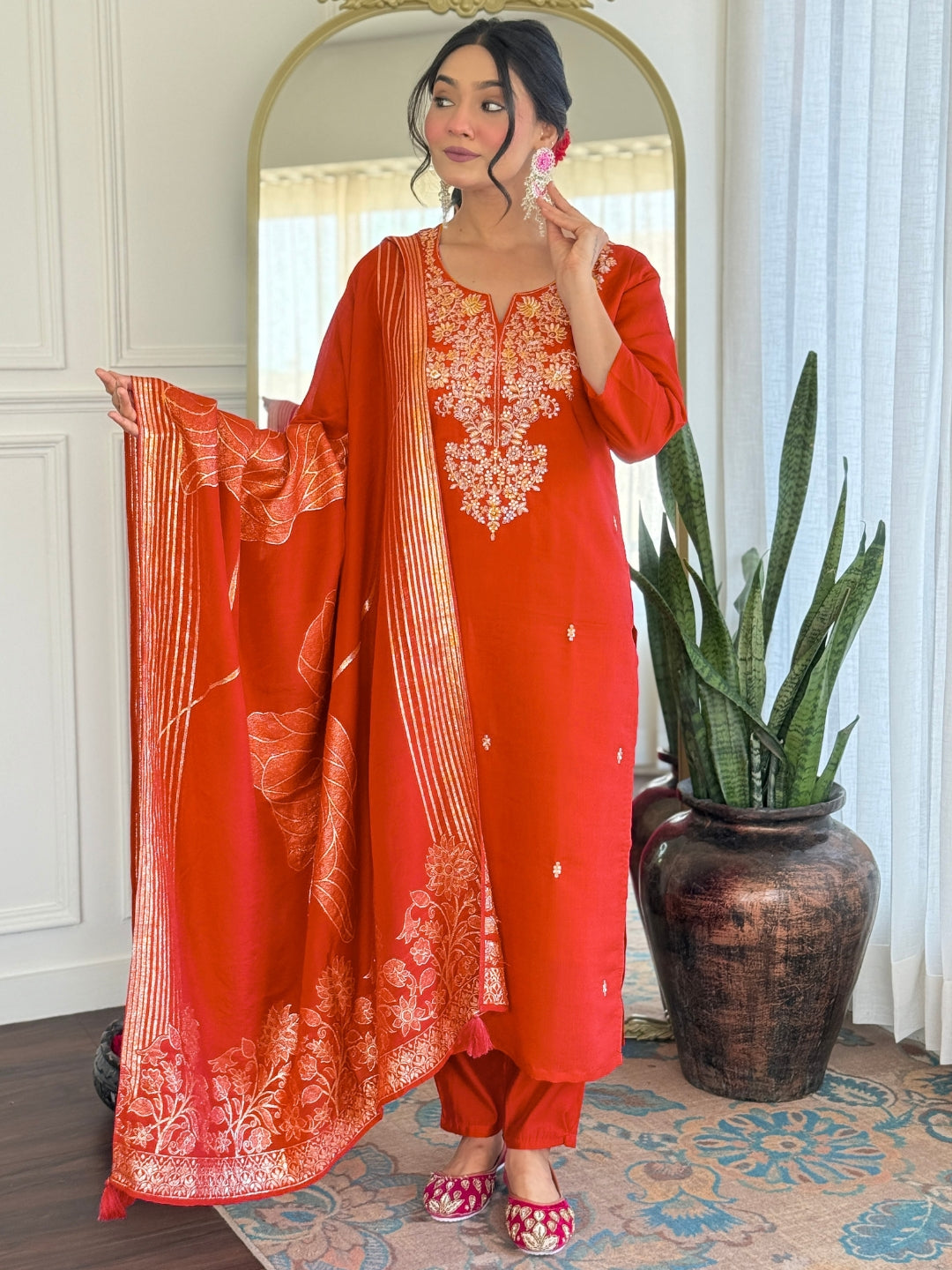 Elegant Rust Orange Roman Silk Embroidered Kurti Set with Jacquard Dupatta