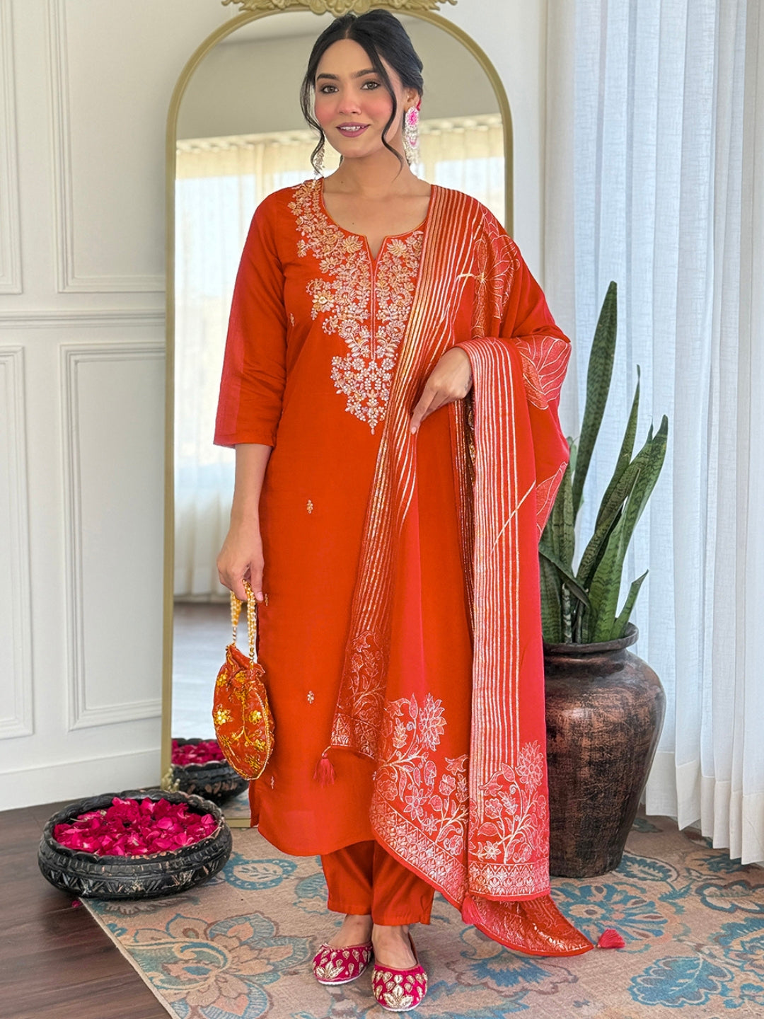 Elegant Rust Orange Roman Silk Embroidered Kurti Set with Jacquard Dupatta