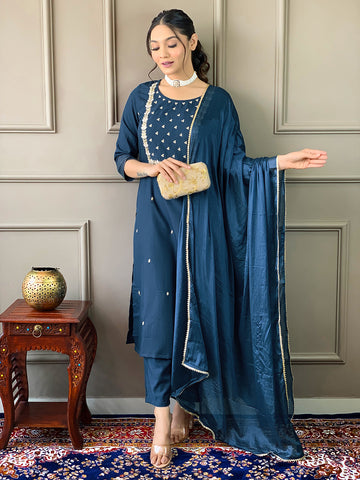 Elegant Navy Blue Embroidered Rayon Slub Kurti Set with Chinon Dupatta | Ethnic Co-ord Set for Women (S–XXL)