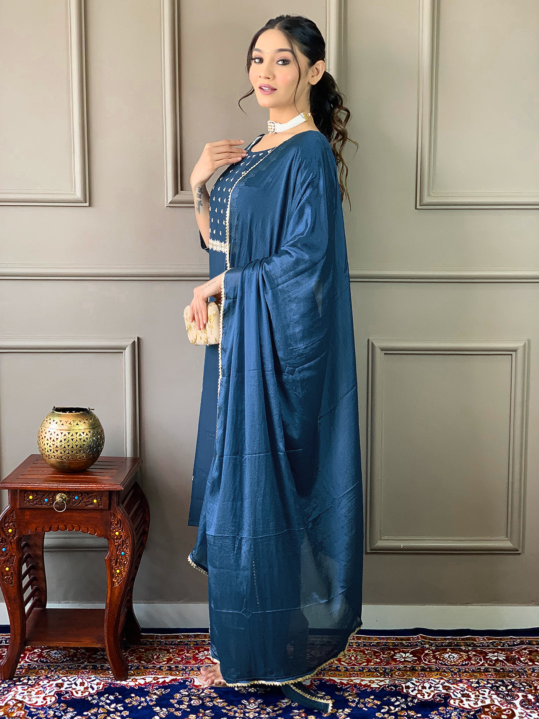 Elegant Navy Blue Embroidered Rayon Slub Kurti Set with Chinon Dupatta | Ethnic Co-ord Set for Women (S–XXL)