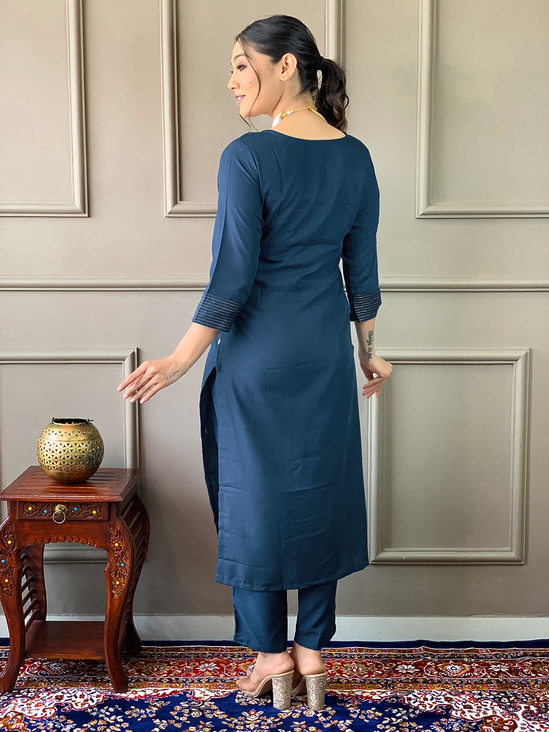 Elegant Navy Blue Embroidered Rayon Slub Kurti Set with Chinon Dupatta | Ethnic Co-ord Set for Women (S–XXL)