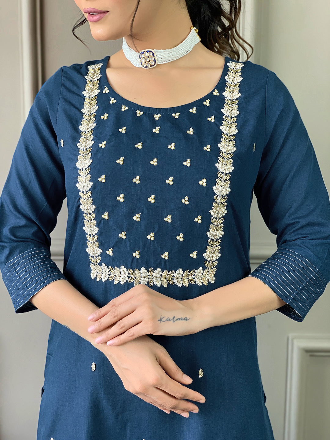 Elegant Navy Blue Embroidered Rayon Slub Kurti Set with Chinon Dupatta | Ethnic Co-ord Set for Women (S–XXL)