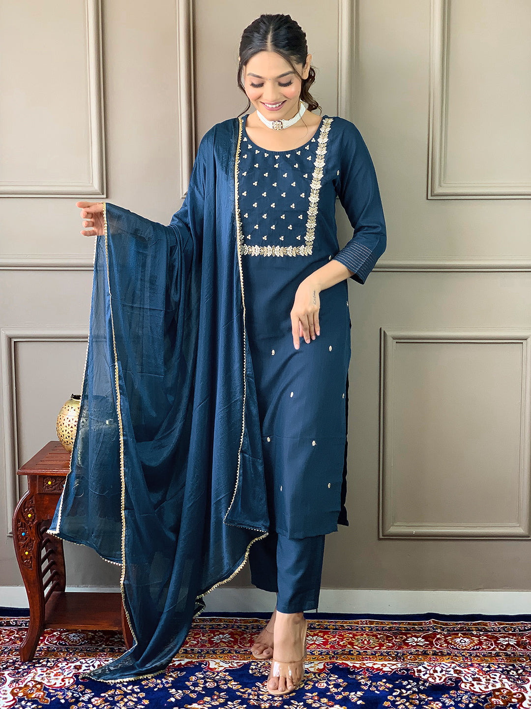 Elegant Navy Blue Embroidered Rayon Slub Kurti Set with Chinon Dupatta | Ethnic Co-ord Set for Women (S–XXL)