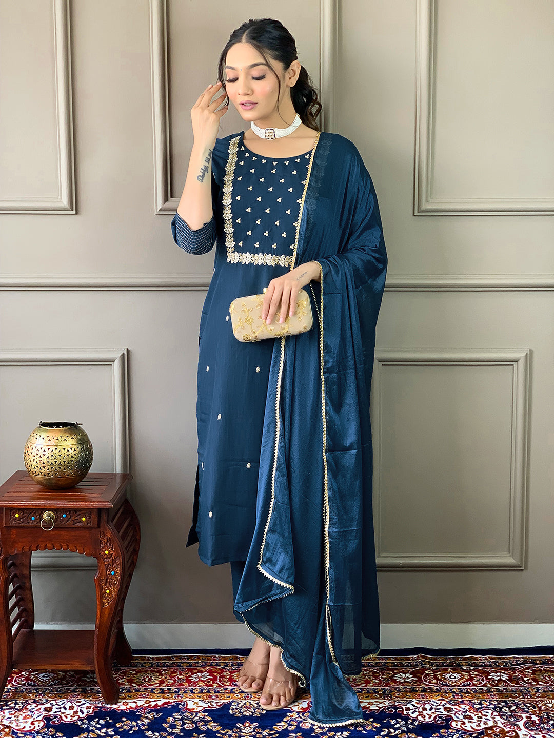 Elegant Navy Blue Embroidered Rayon Slub Kurti Set with Chinon Dupatta | Ethnic Co-ord Set for Women (S–XXL)