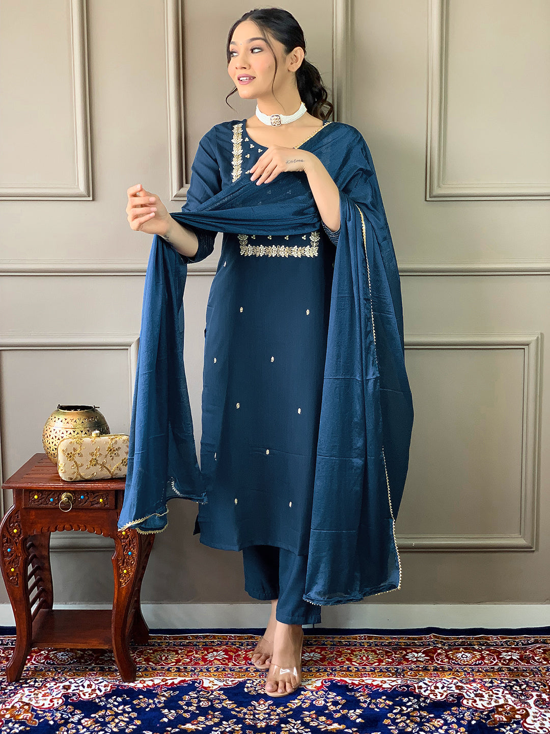 Elegant Navy Blue Embroidered Rayon Slub Kurti Set with Chinon Dupatta | Ethnic Co-ord Set for Women (S–XXL)