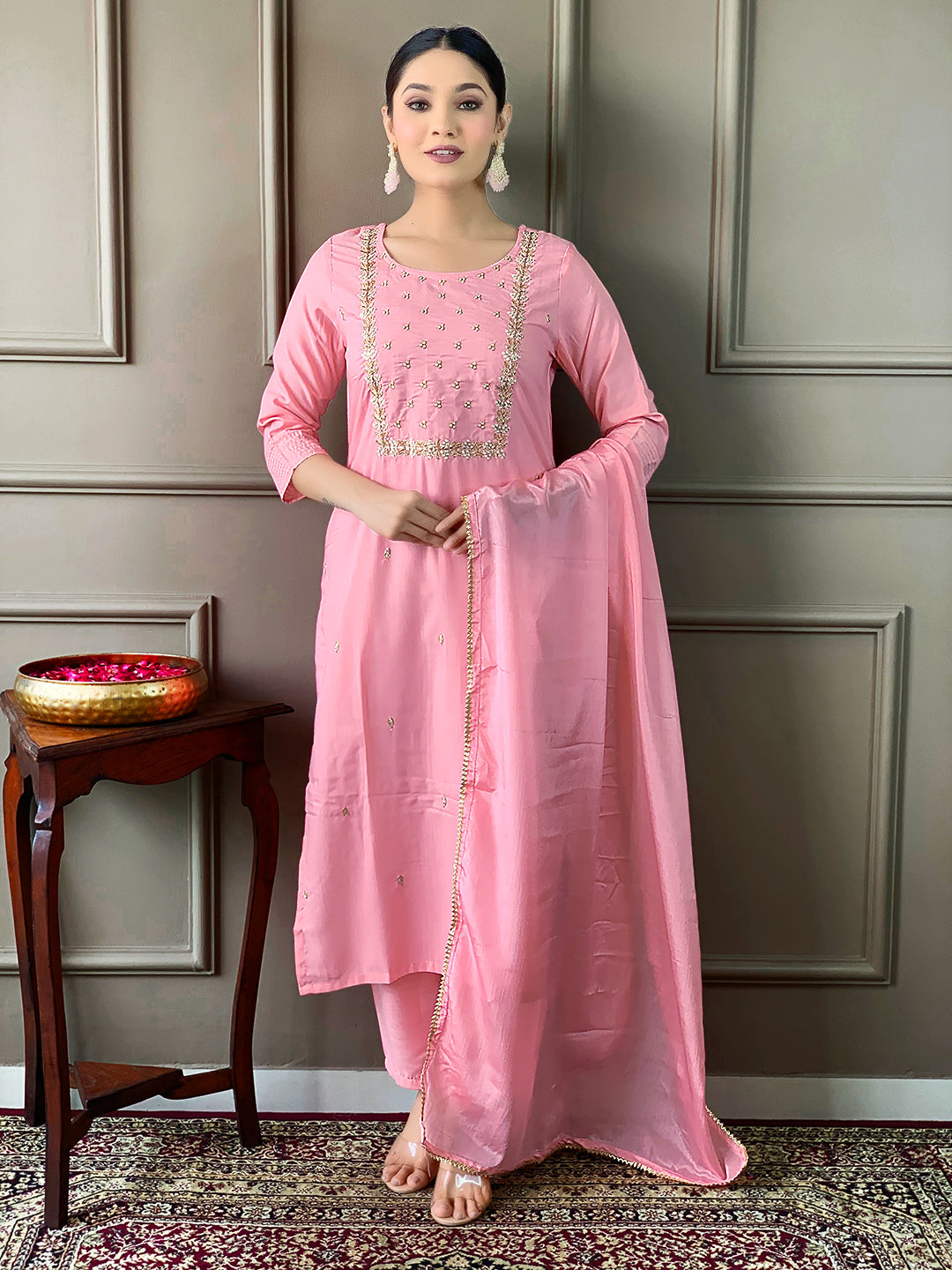 Elegant Pink Embroidered Rayon Kurti Pant Set with Chinon Dupatta for Women